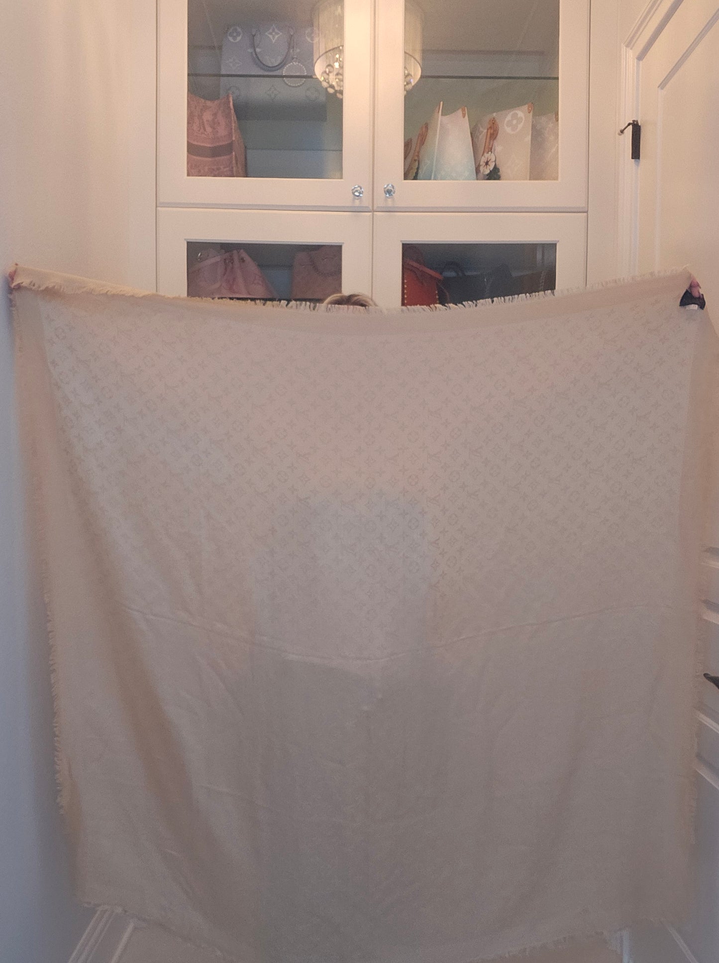 full size opened Louis Vuitton Classic Monogram Silk and Wool Shawl Tan