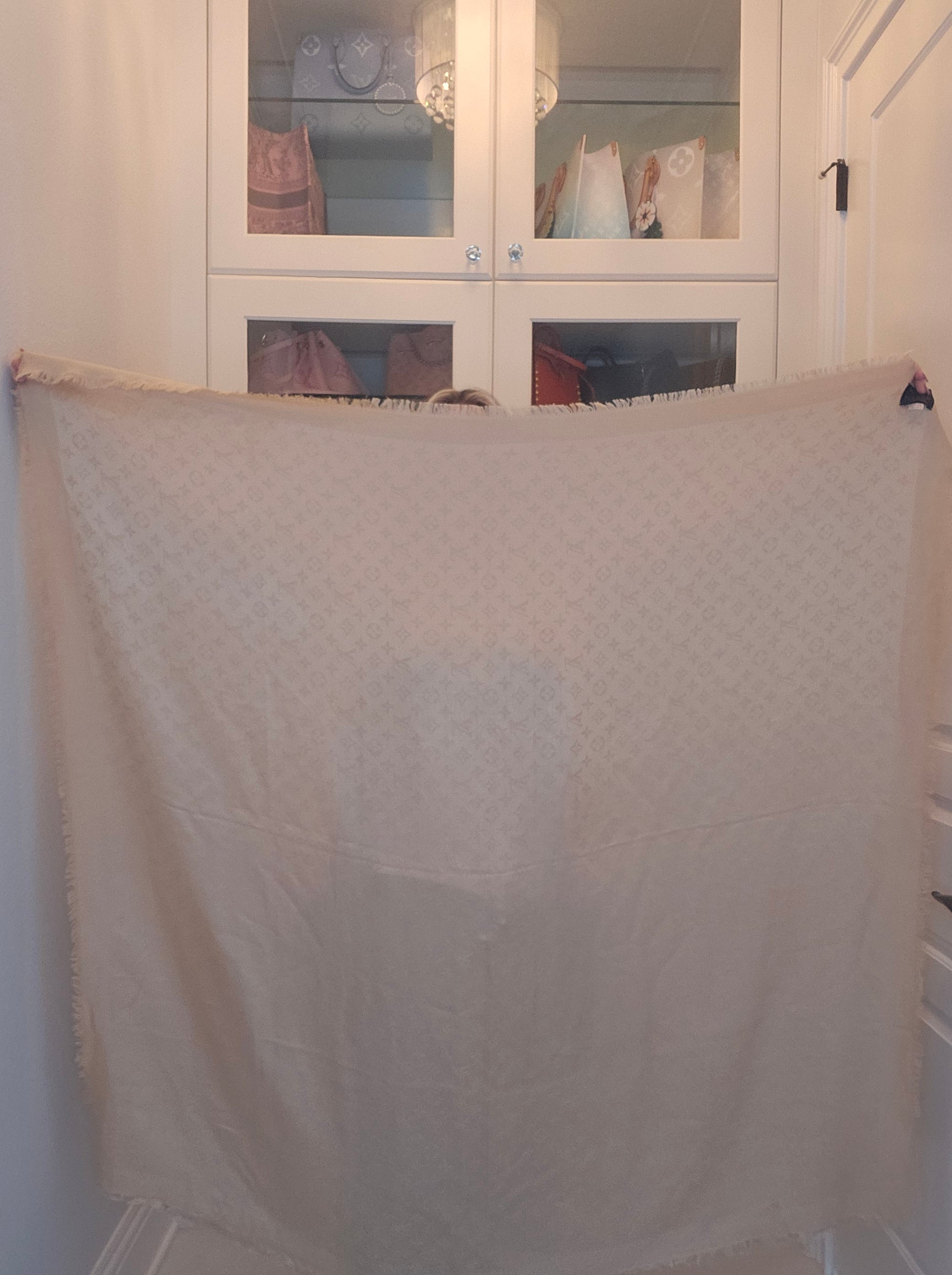 full size opened Louis Vuitton Classic Monogram Silk and Wool Shawl Tan