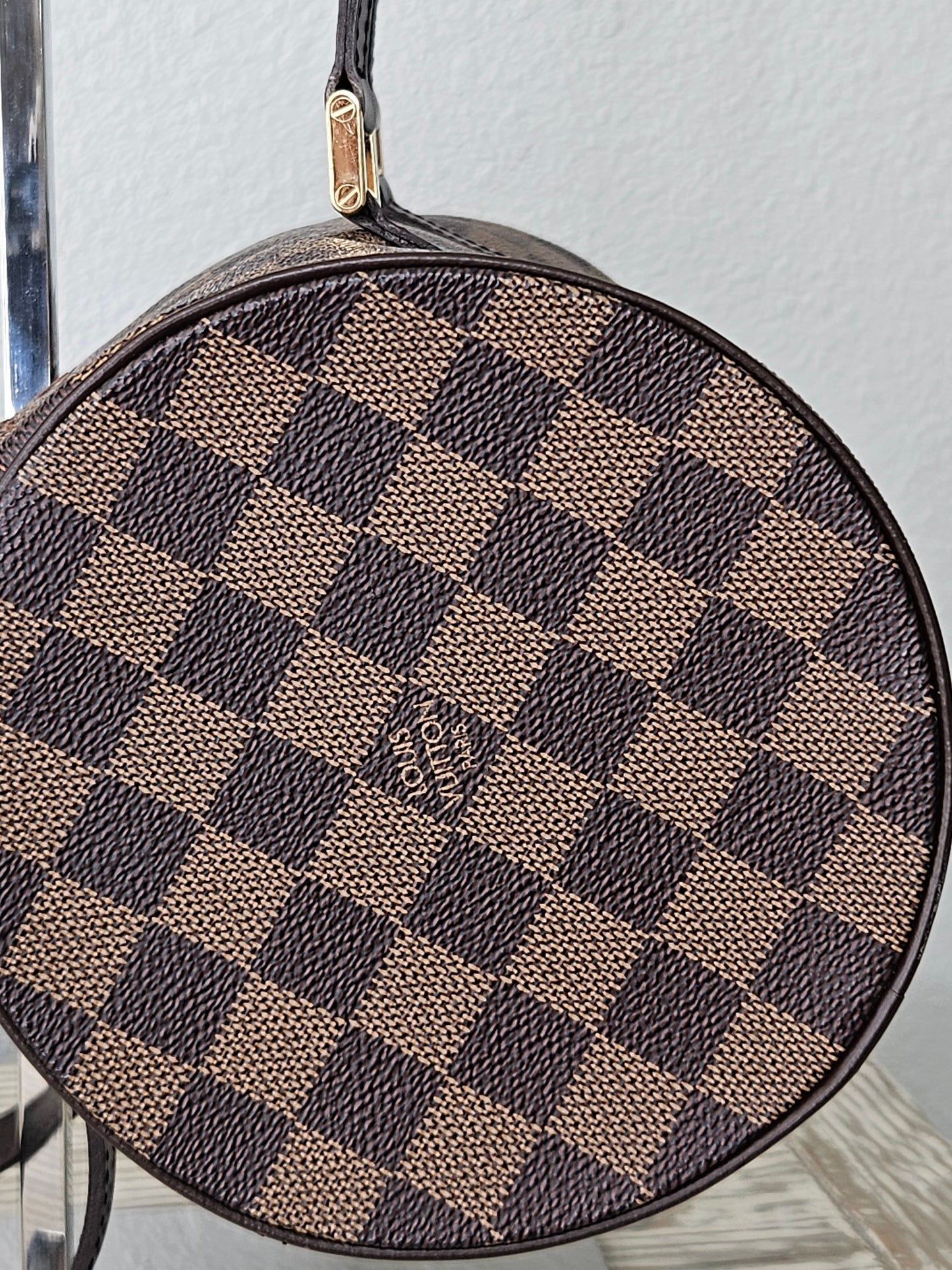 up close side Louis Vuitton Brown coated canvas Damier Ebene Papillon 30