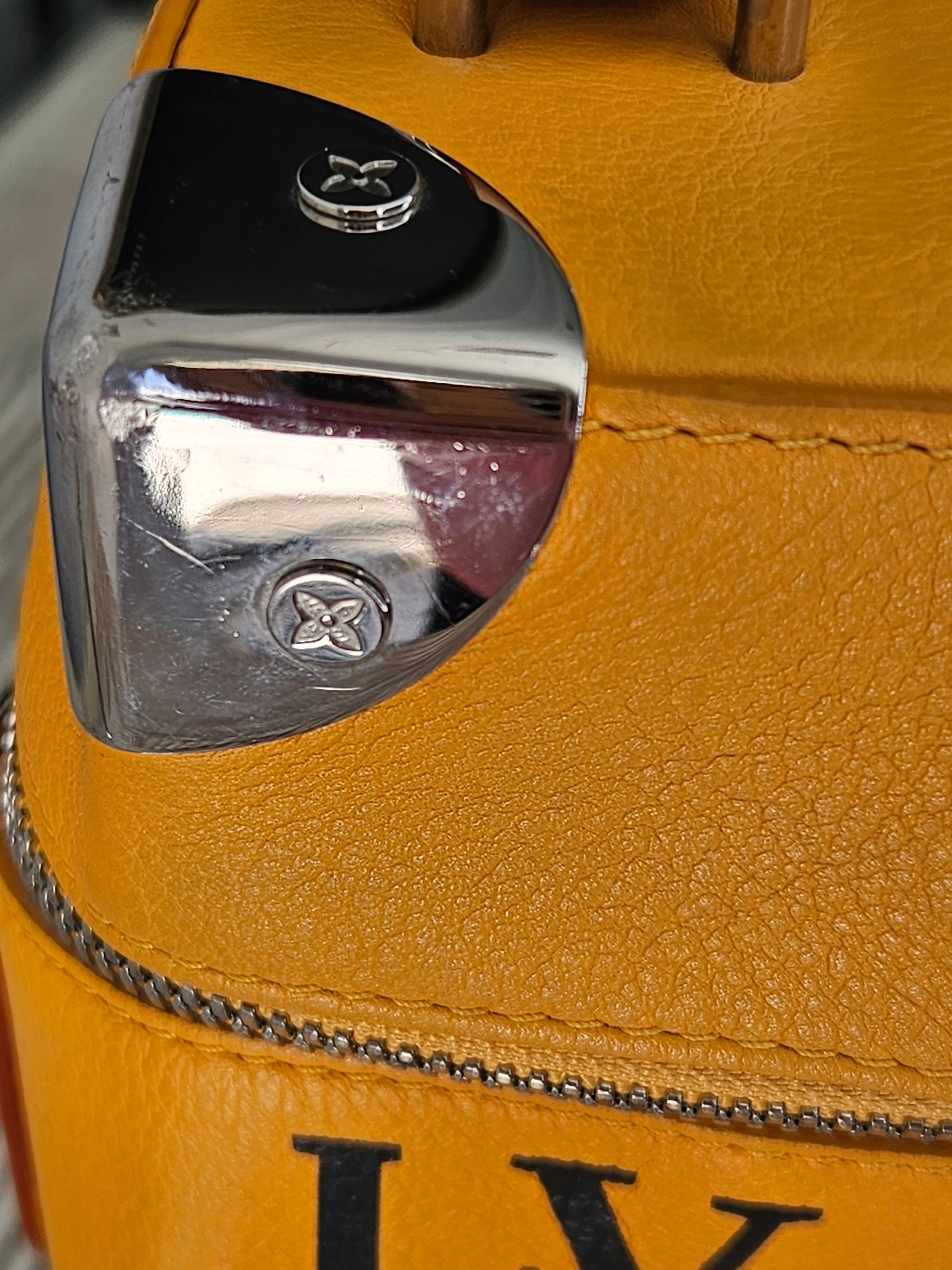 silver corners Louis Vuitton #7 Leather Vertical Box Trunk Saffron