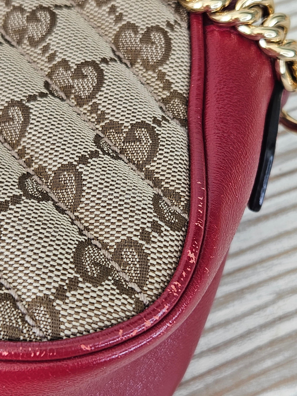 front corner Gucci Marmont Quilted Canvas Red Leather