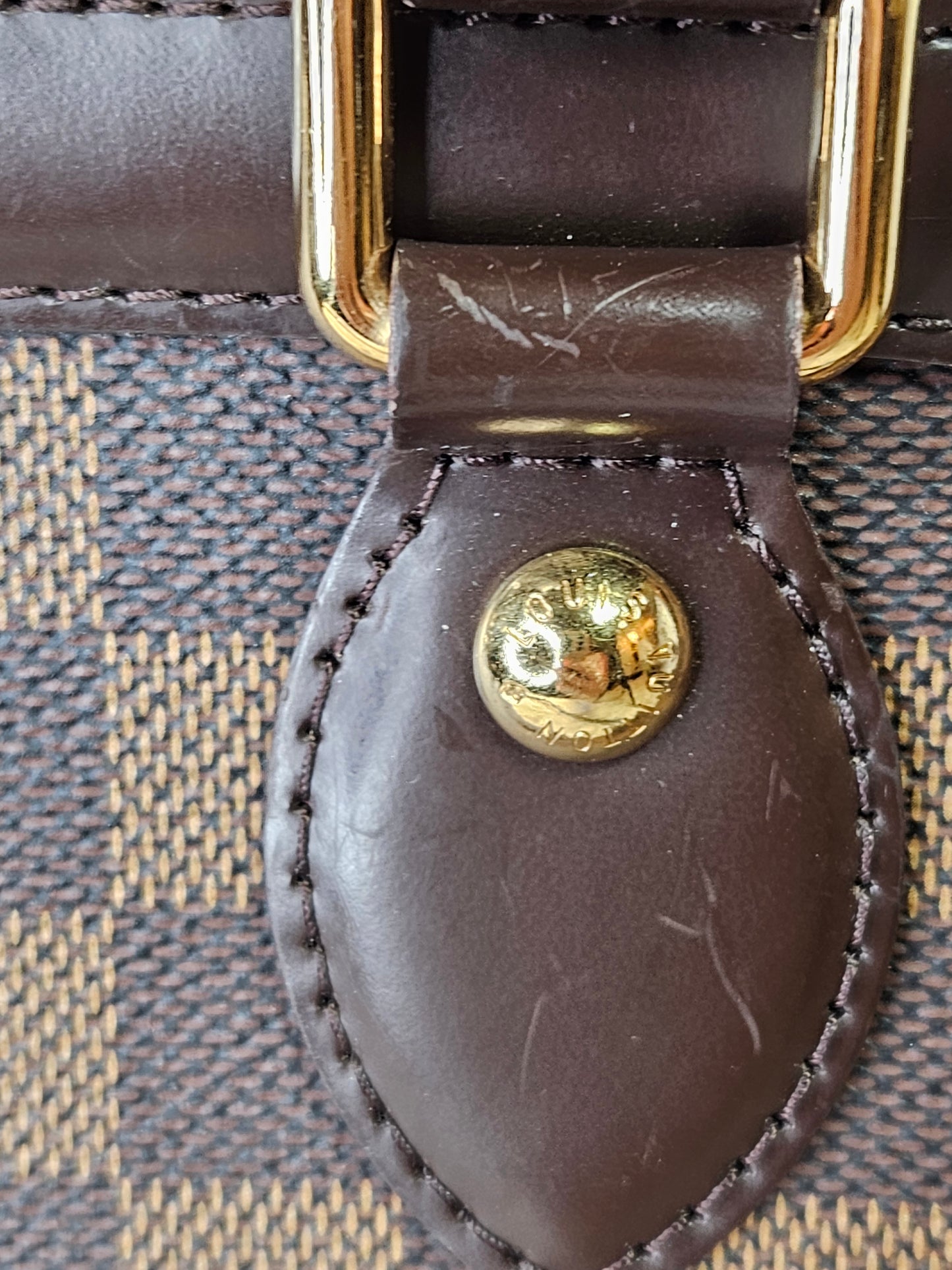 gold hardware Louis Vuitton Trevi Damier Ebene Brown checkered canvas PM