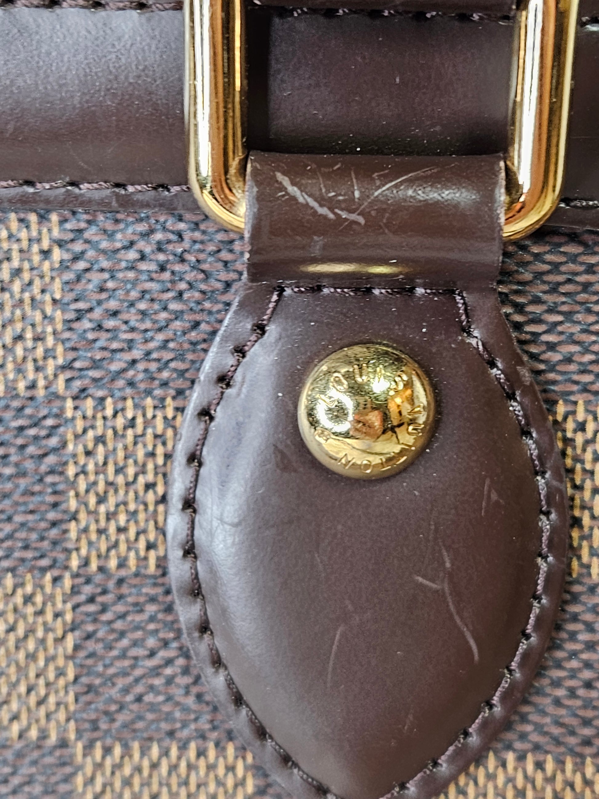 gold hardware Louis Vuitton Trevi Damier Ebene Brown checkered canvas PM