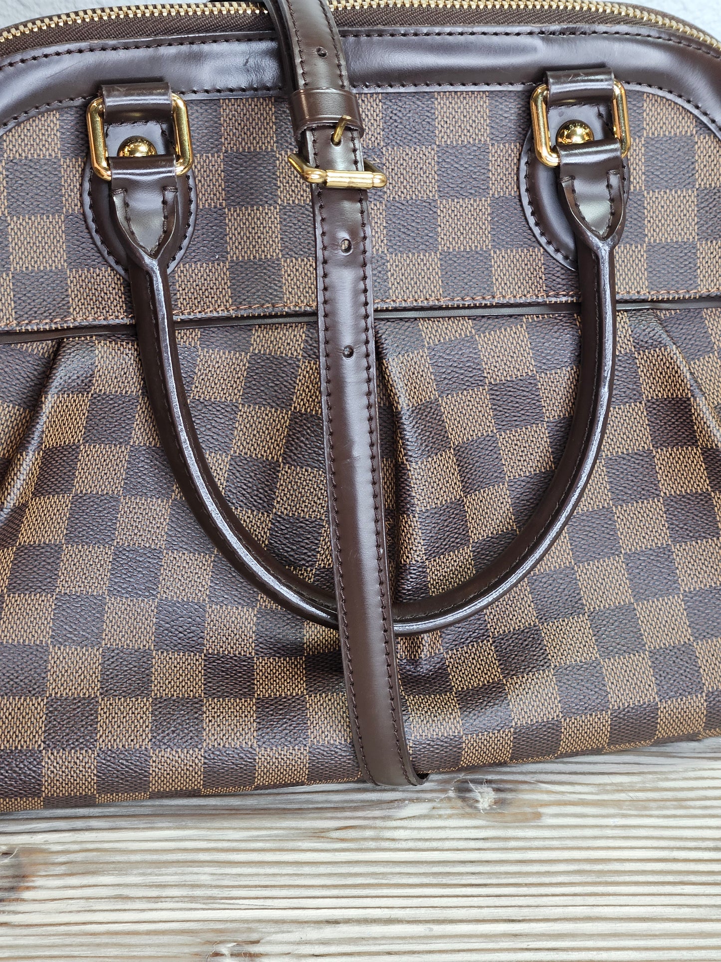 large strap Louis Vuitton Trevi Damier Ebene Brown checkered canvas PM