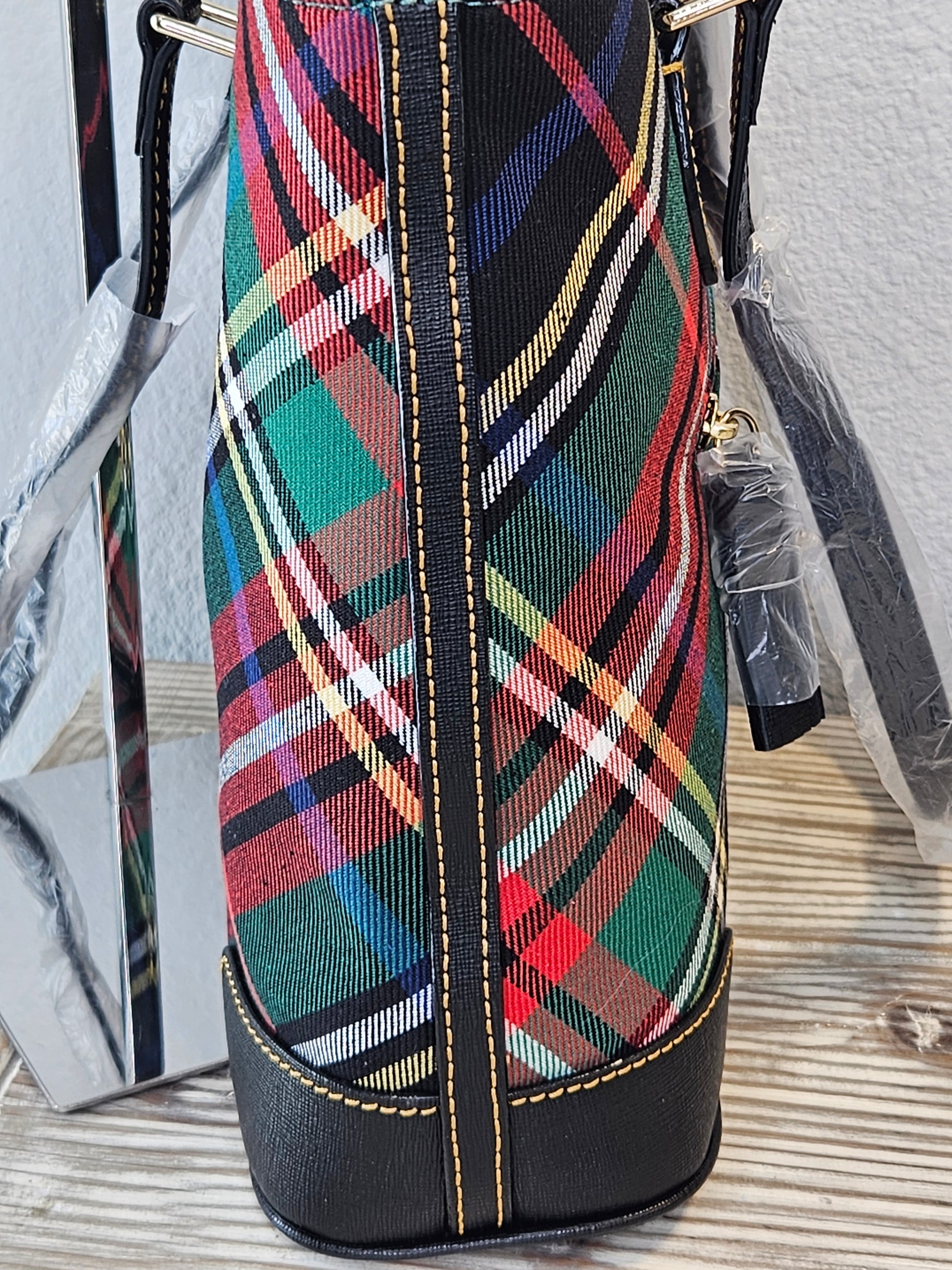 side Dooney & Bourke Richmond Tartan Plaid black red and green