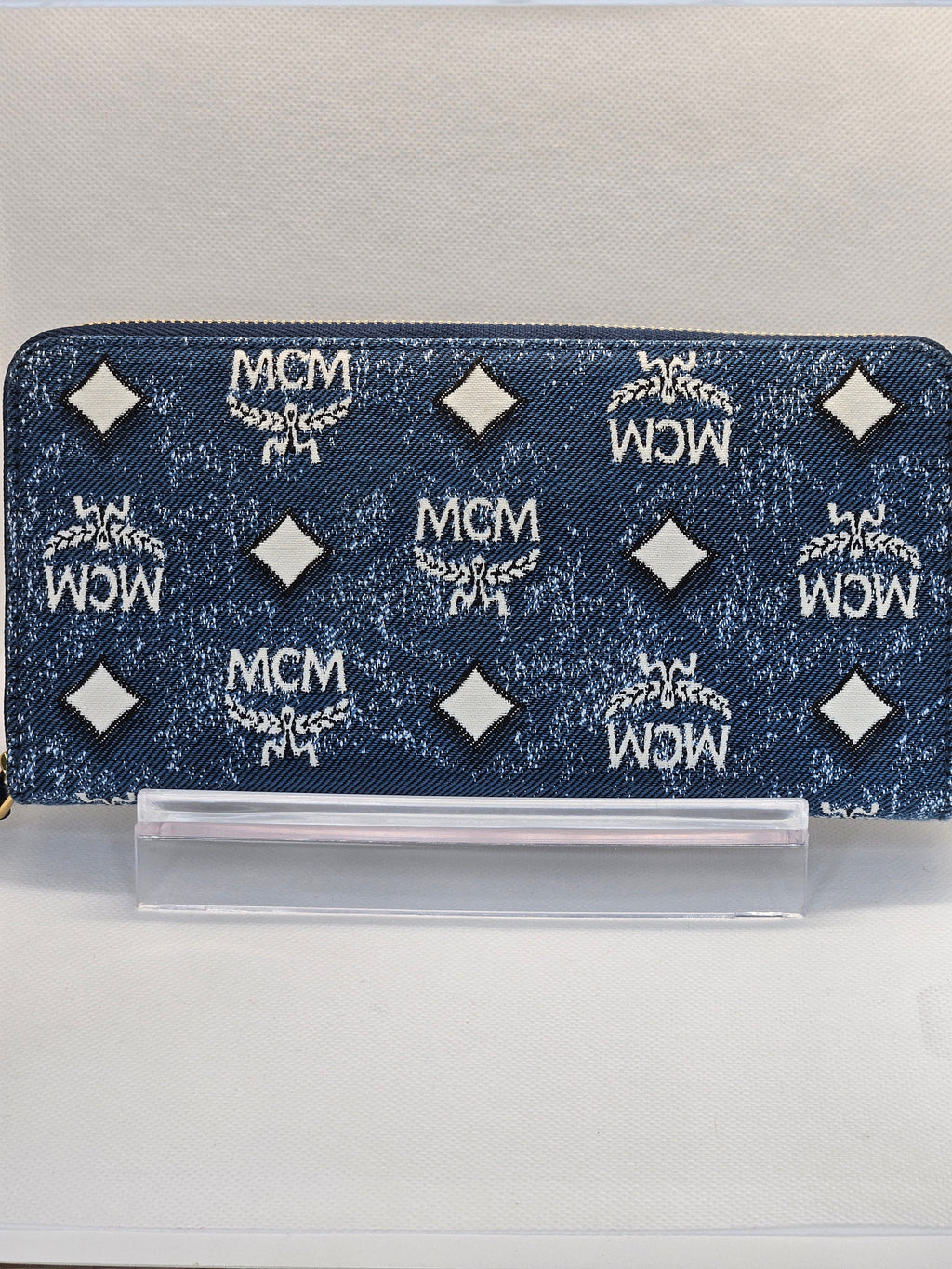 MCM Zip Around Vintage Blue and White Denim Jacquard Wallet