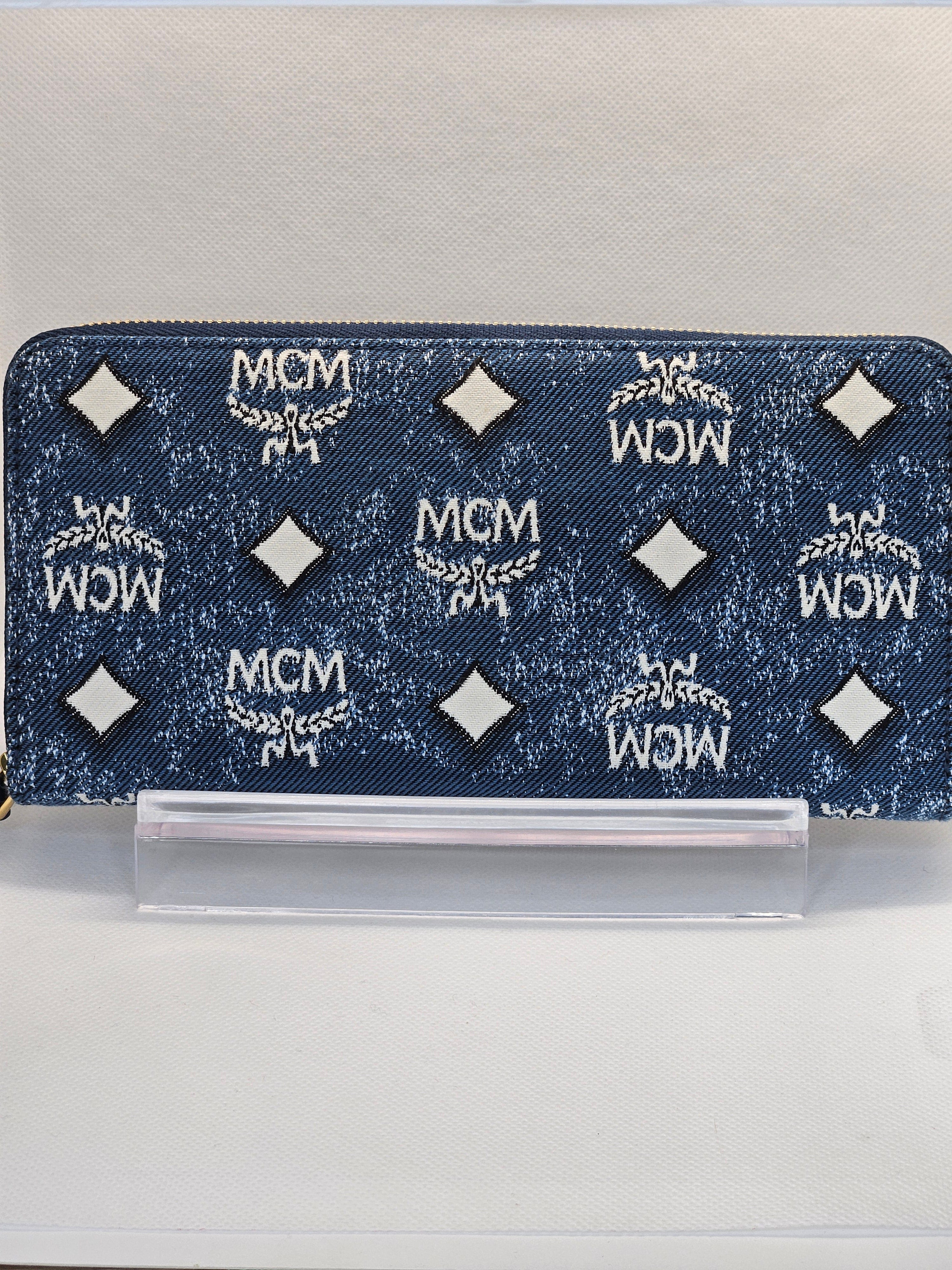 MCM Zip Around Vintage Blue and White Denim Jacquard Wallet