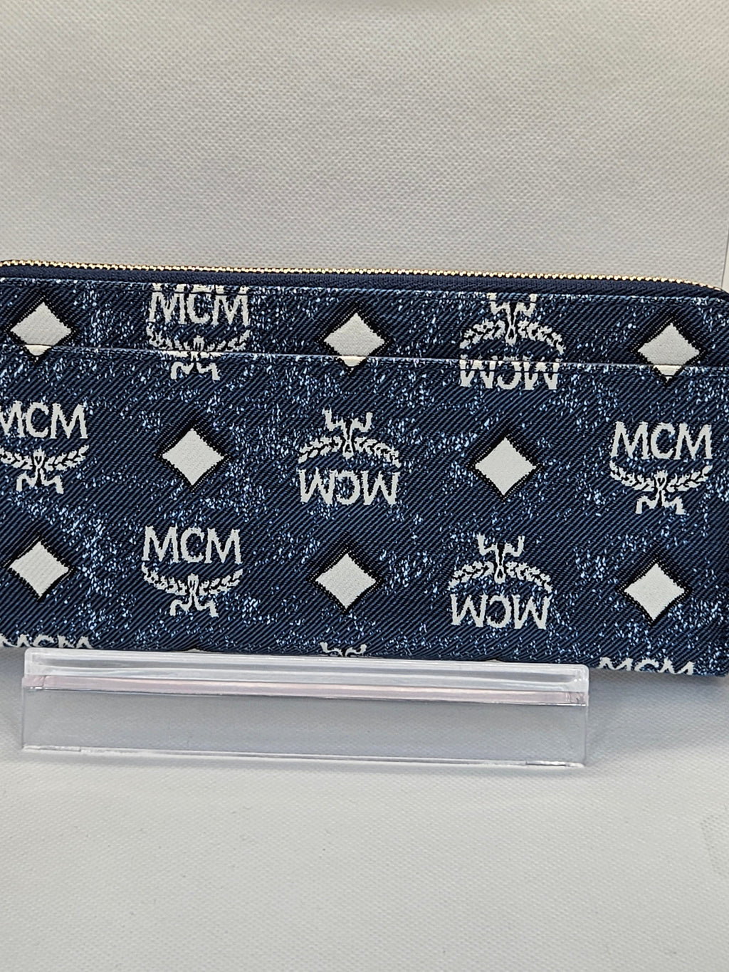 back MCM Zip Around Vintage Blue and White Denim Jacquard Wallet