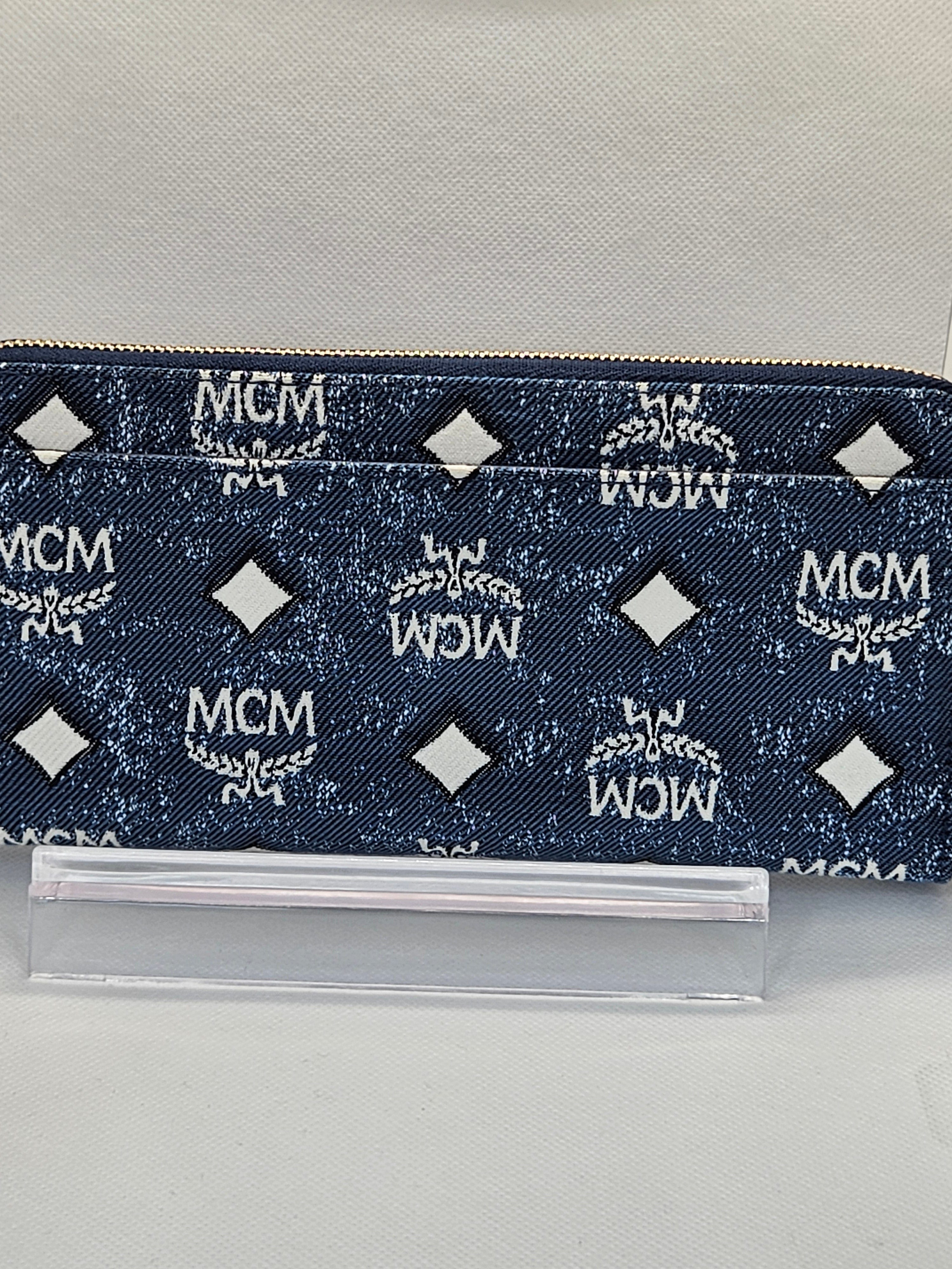 back MCM Zip Around Vintage Blue and White Denim Jacquard Wallet