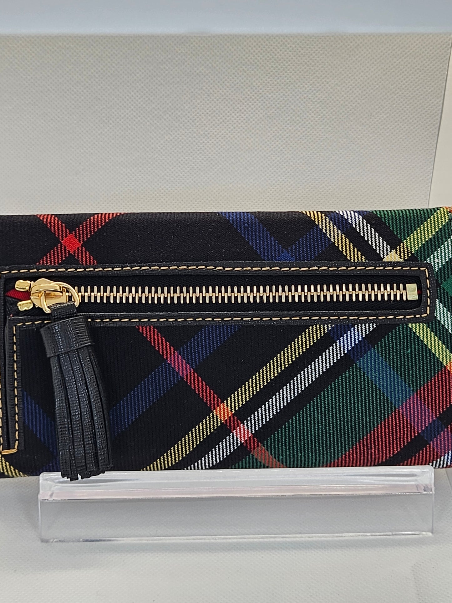 back zipper Dooney & Bourke Tartan Continental Clutch black plaid red and green