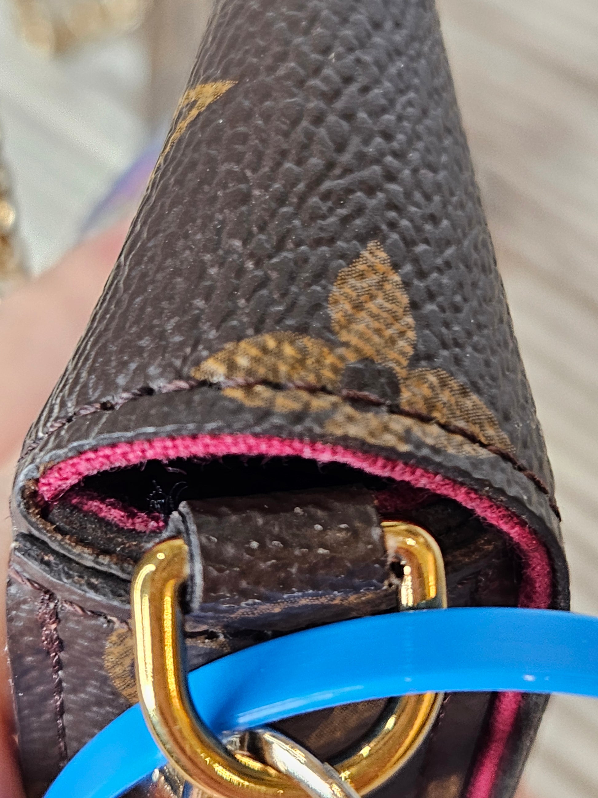 top edge Louis Vuitton brown canvas Monogram Pochette Felicie Chain Wallet Fuschia