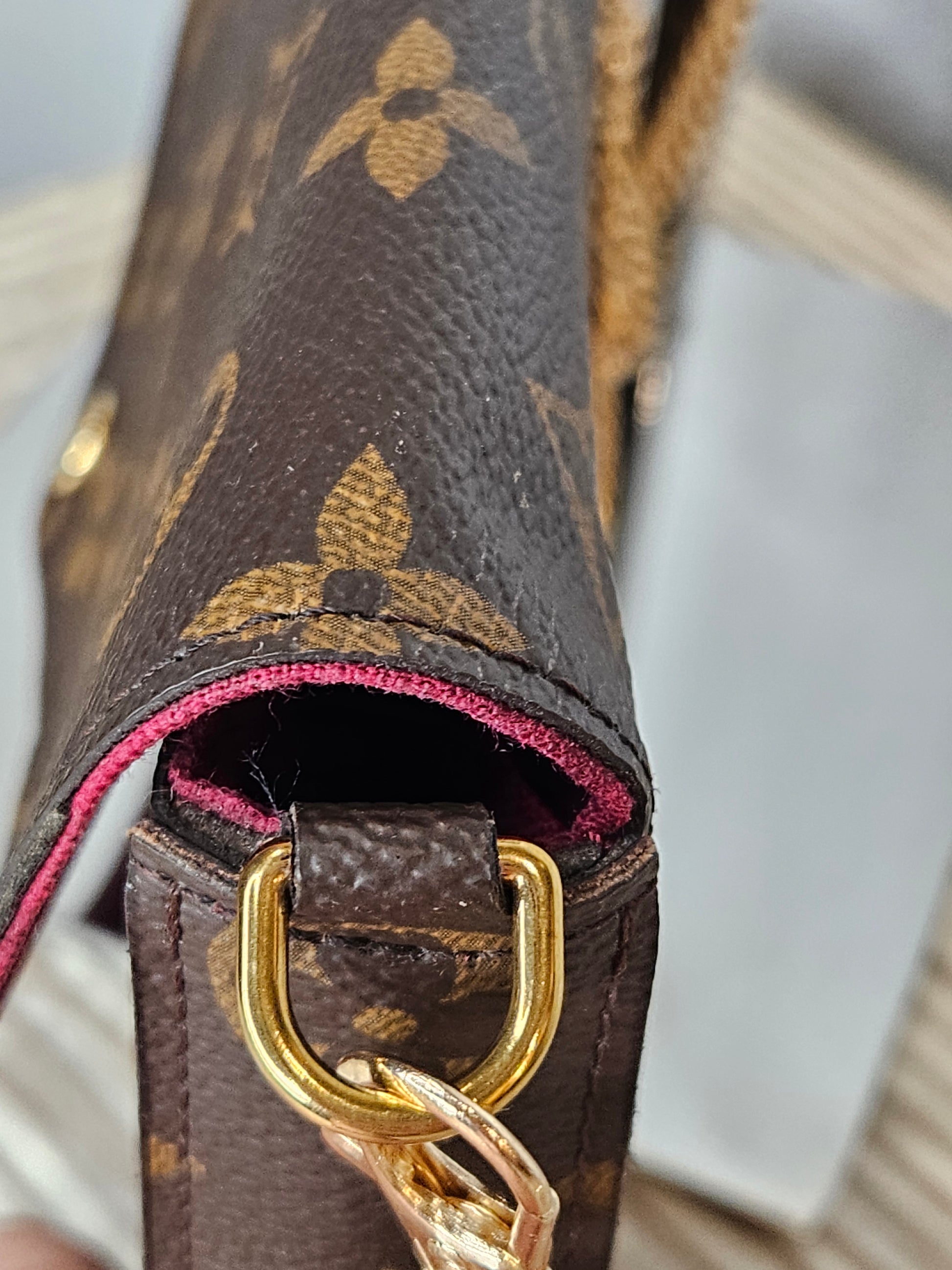 top Louis Vuitton brown canvas Monogram Pochette Felicie Chain Wallet Fuschia