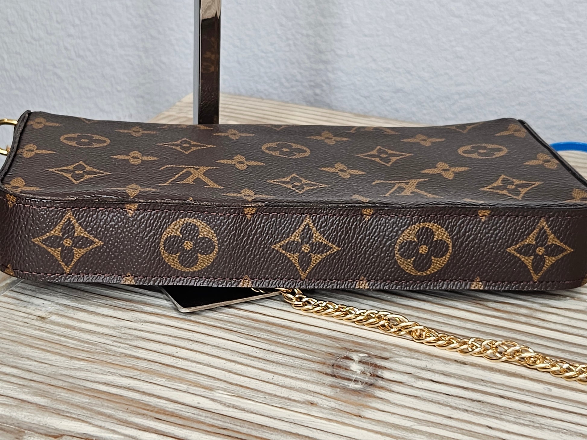 bottom full Louis Vuitton brown canvas Monogram Pochette Felicie Chain Wallet Fuschia