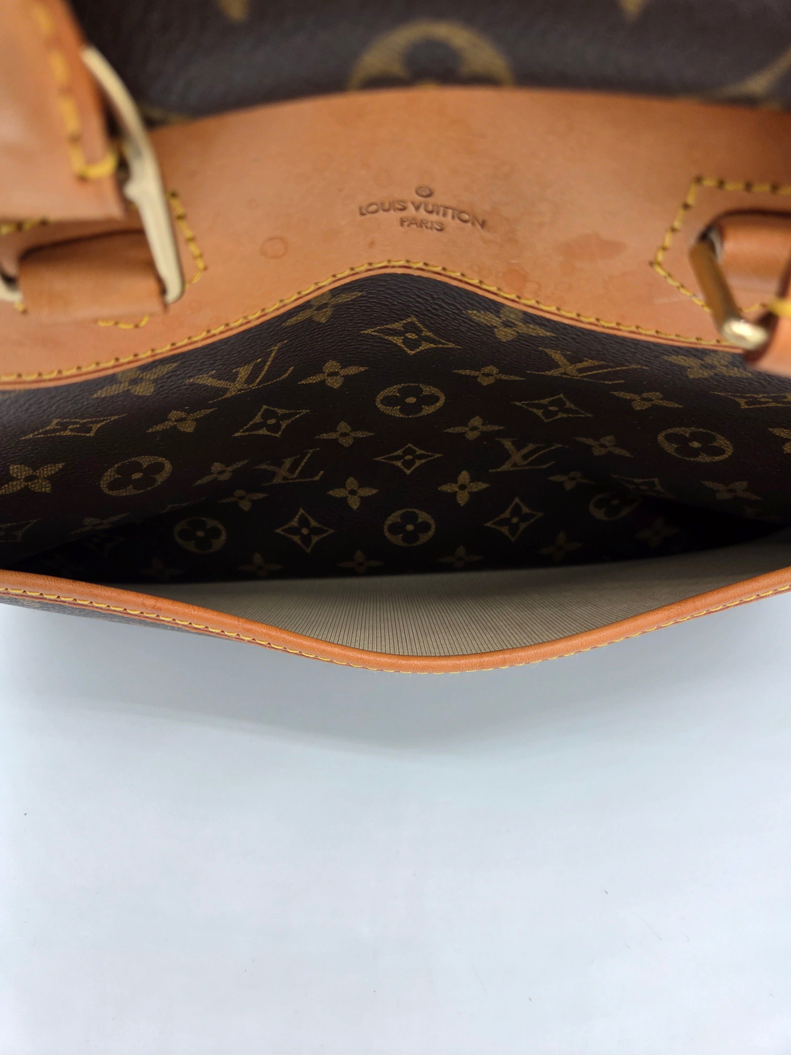 Close-up of a Louis Vuitton handbag with monogram pattern