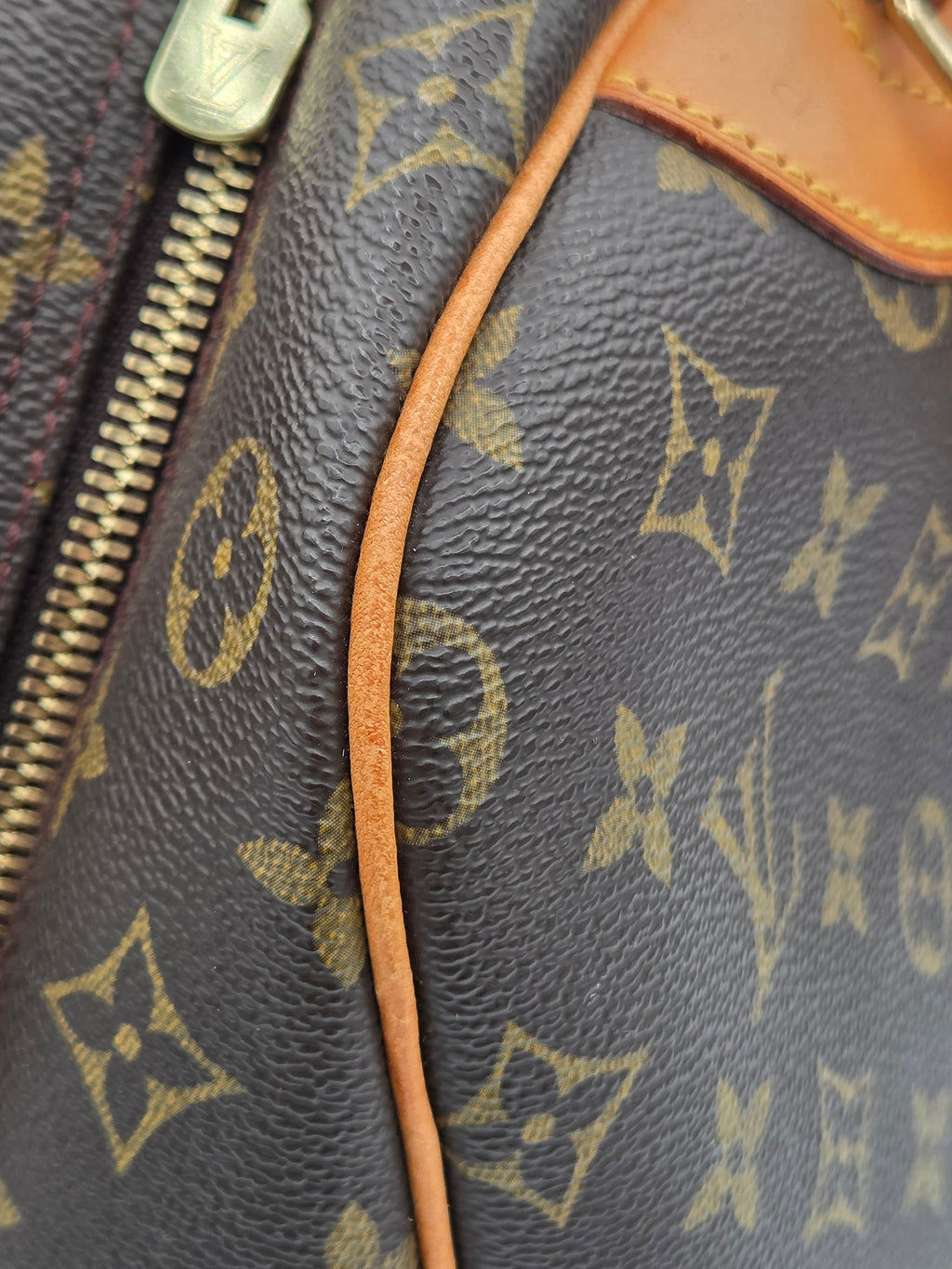 Close-up of a Louis Vuitton bag with monogram pattern