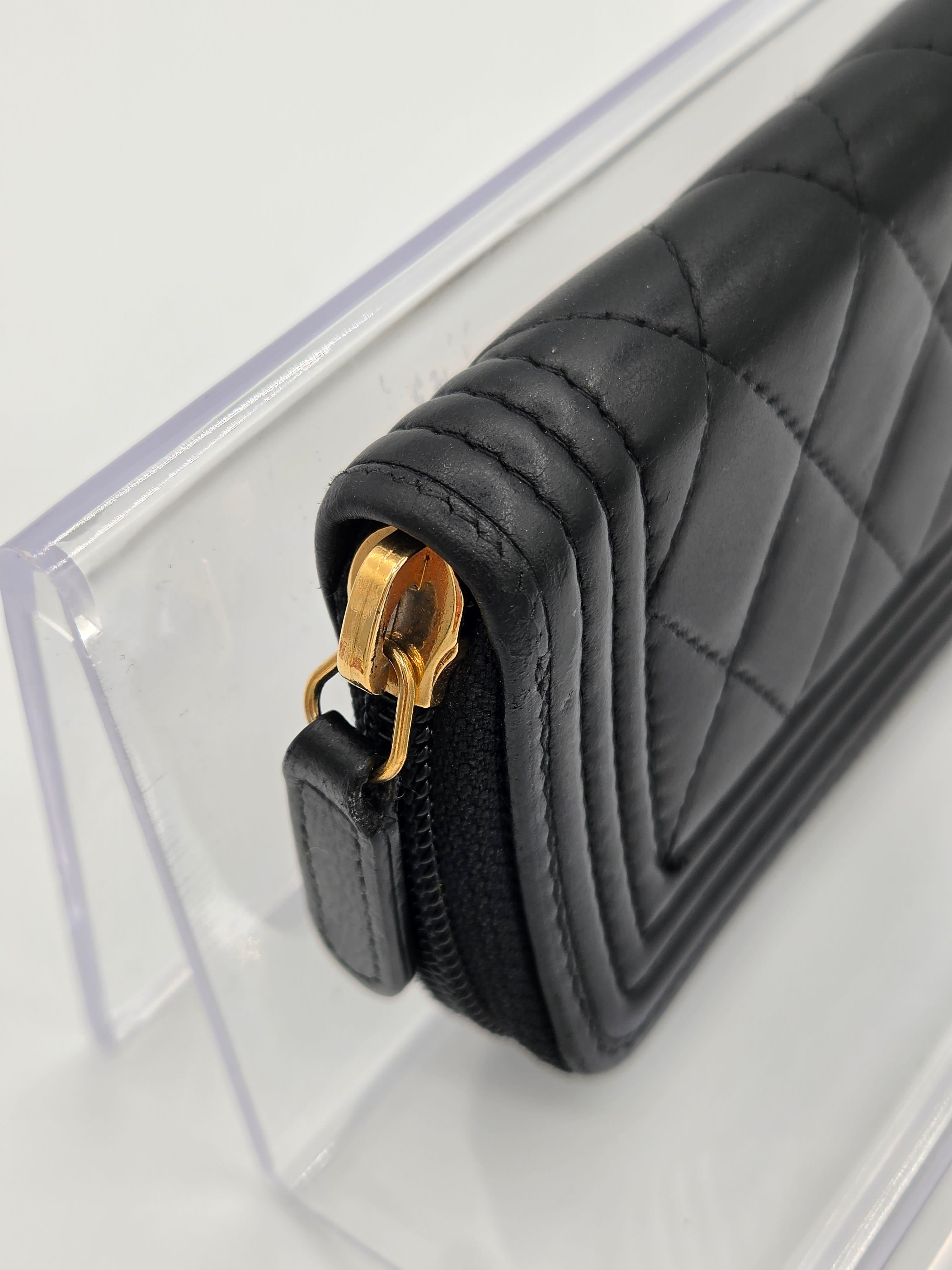 Chanel Boy Zip Around Coin Purse Wallet – Black Quilted Lambskin | Pre-Owned