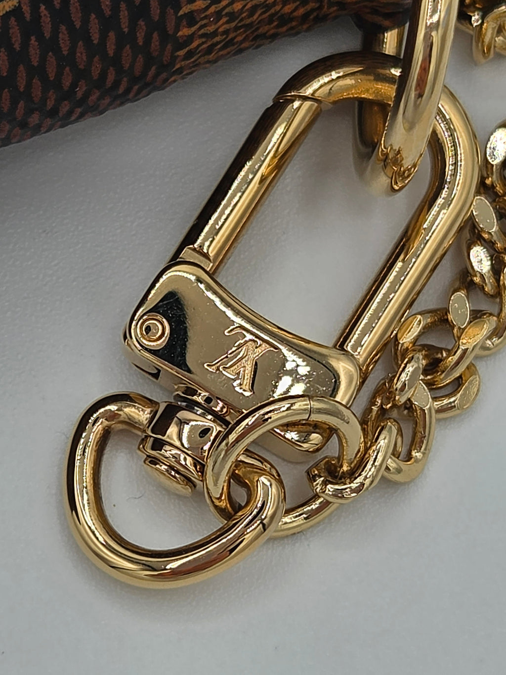 Close-up of a gold chain with a clasp on a light gray background