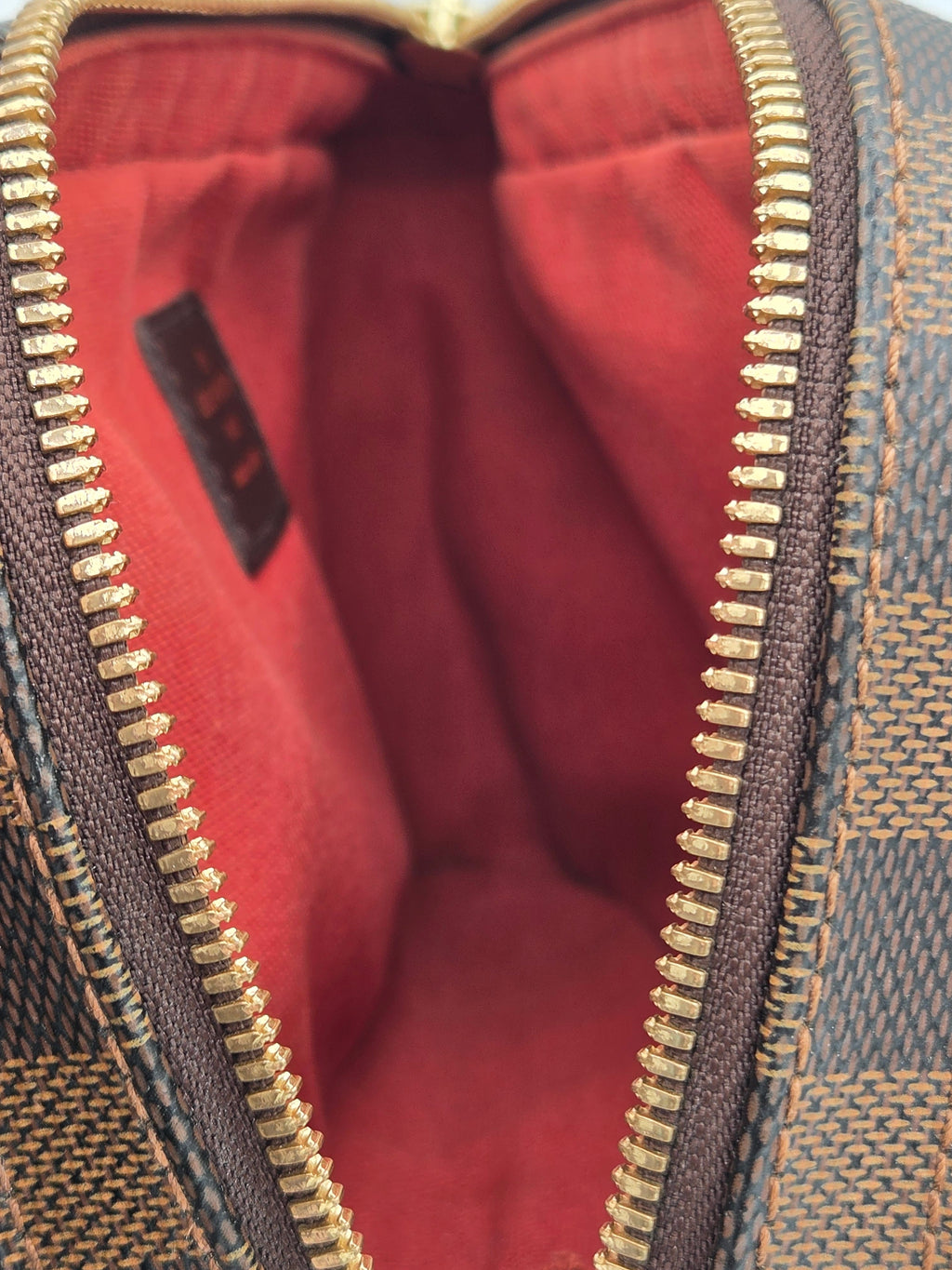 Open bag with gold zipper and red interior