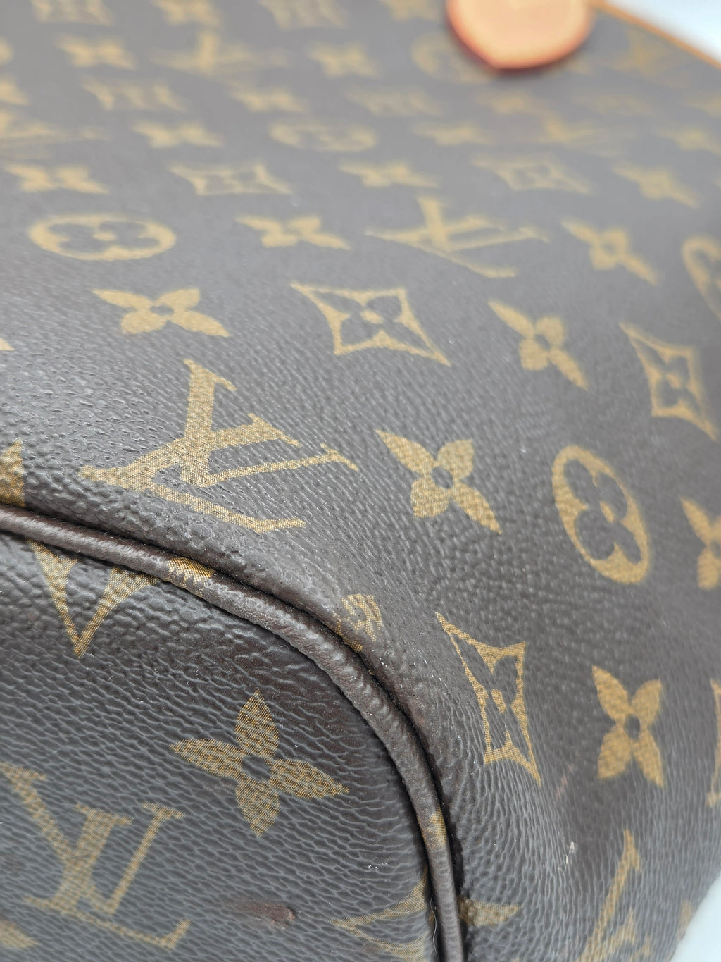 Close-up of a Louis Vuitton bag with monogram pattern
