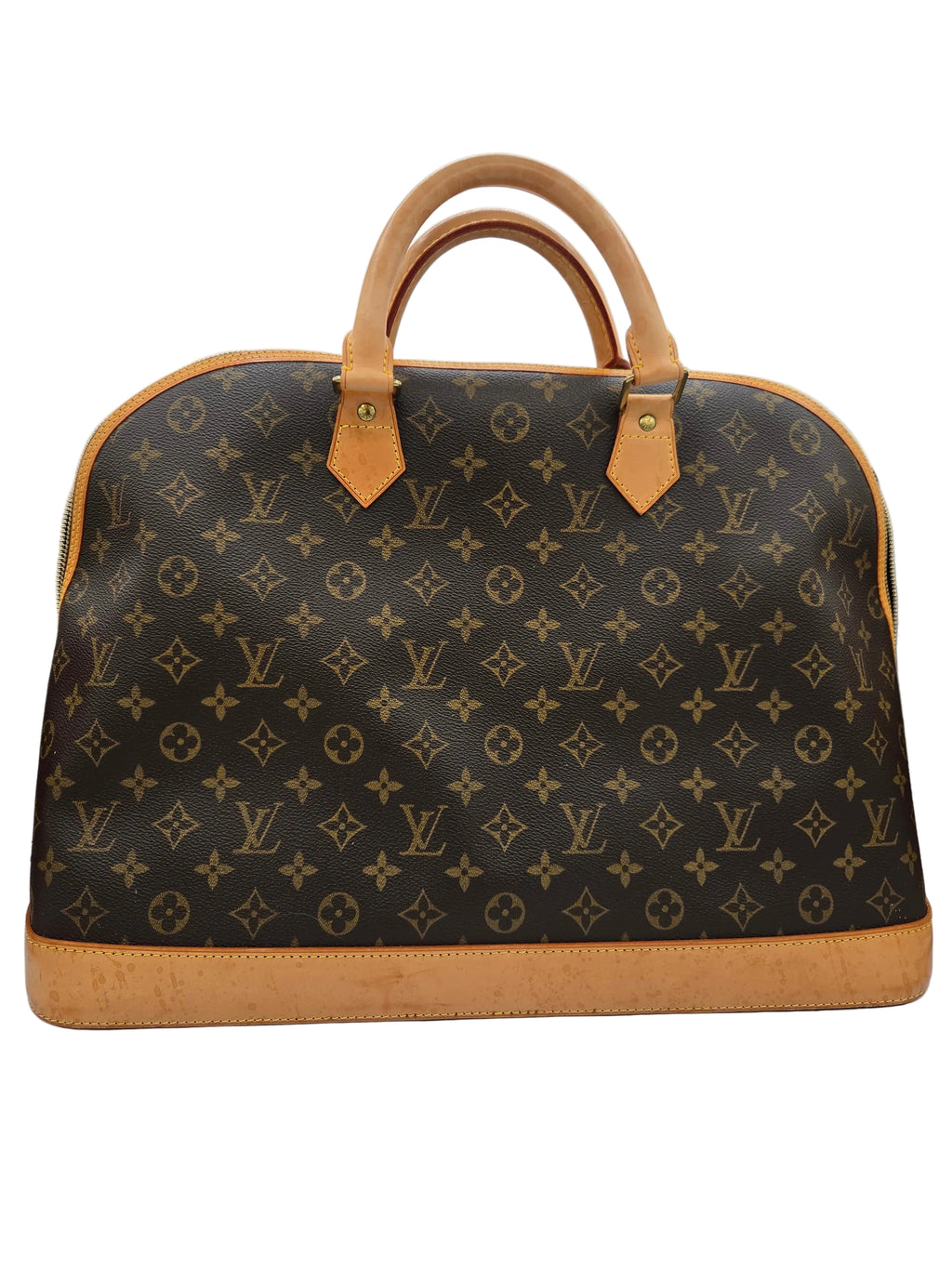 Designer handbag with monogram pattern on a white surface