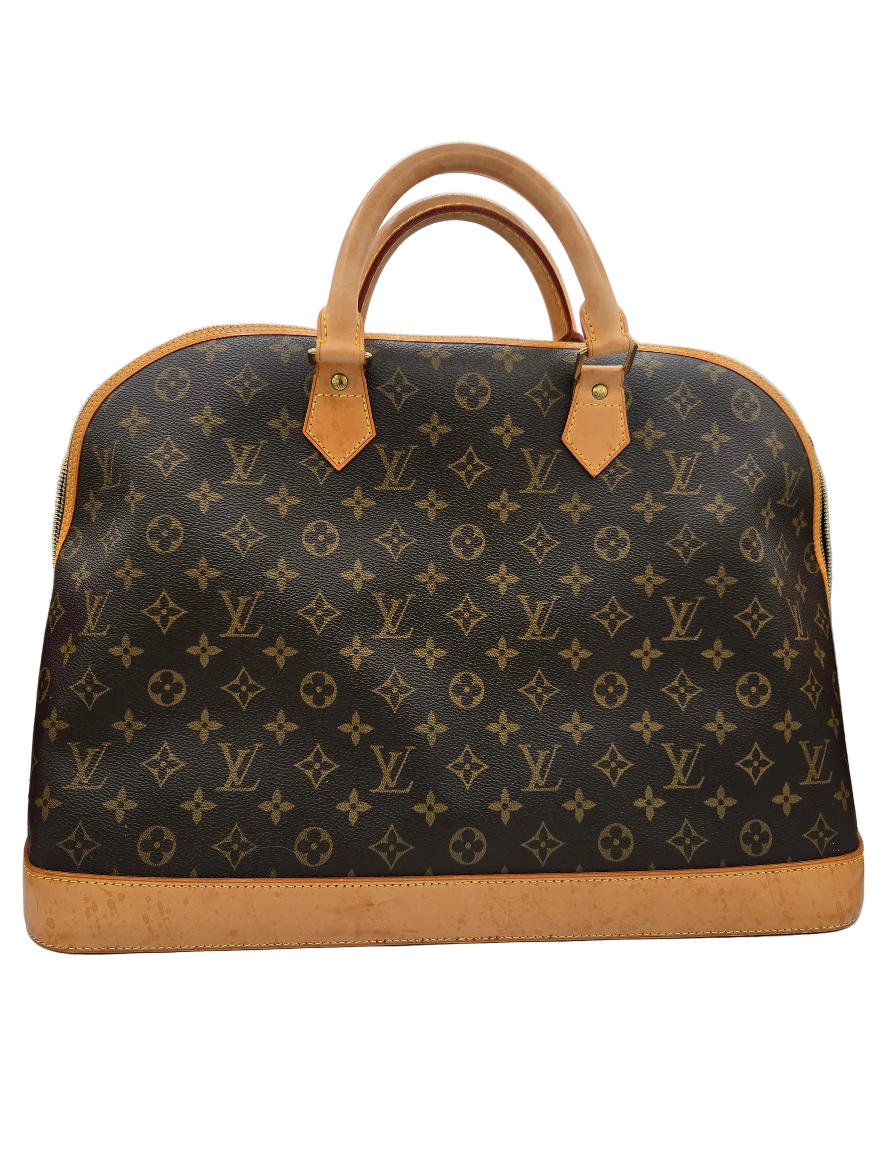Designer handbag with monogram pattern on a white surface
