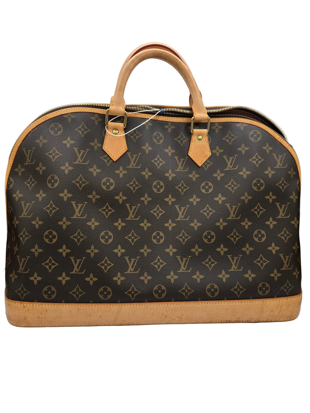 Designer handbag with monogram pattern on a white background