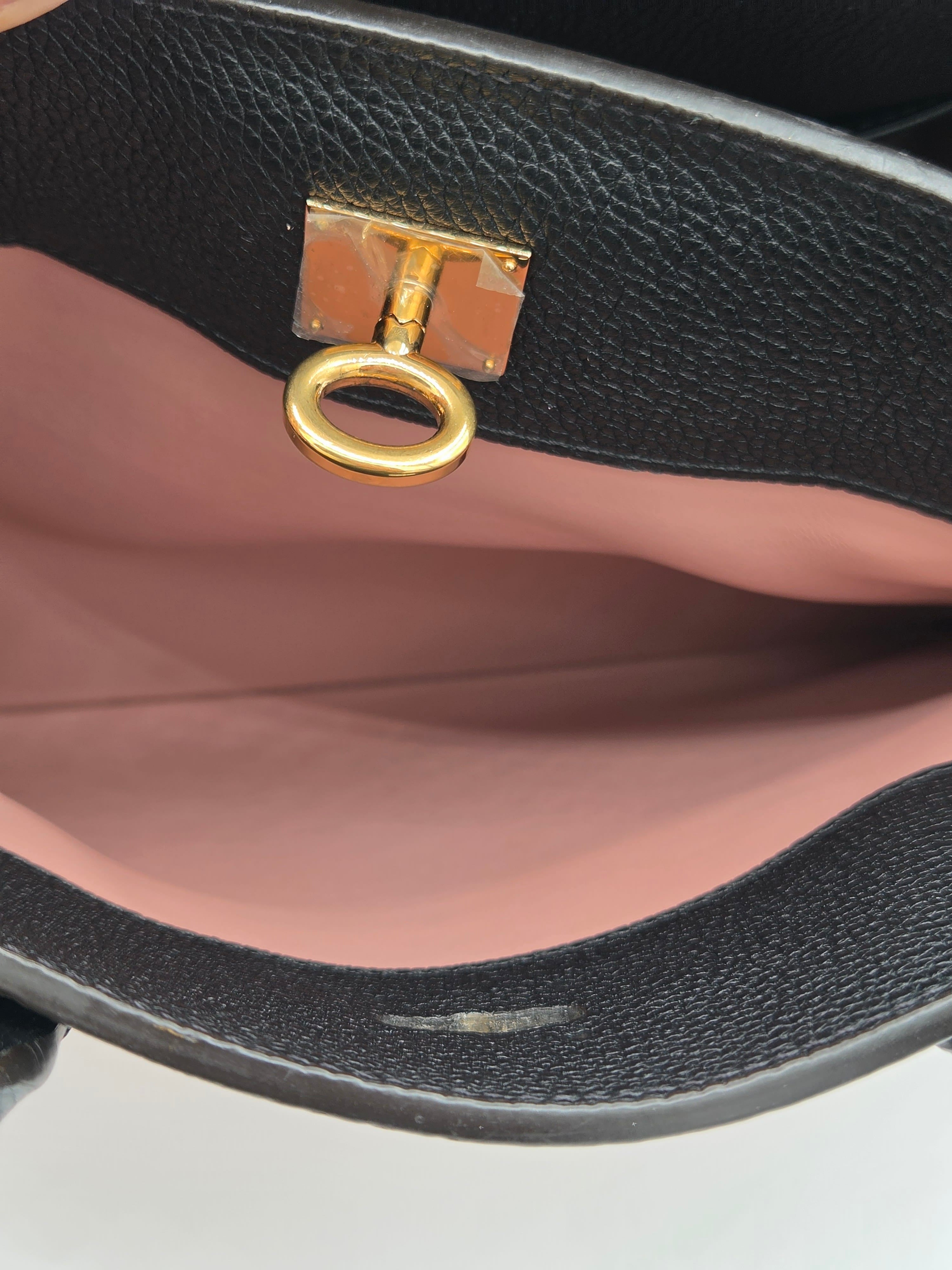 Close-up of a black leather bag with a gold clasp on a white background
