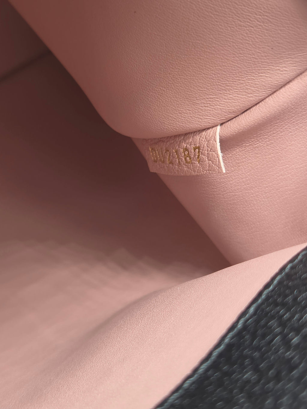Close-up of a pink leather surface with a visible brand label.