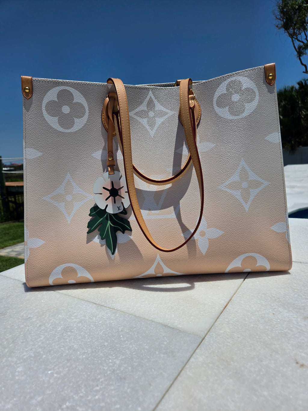Designer handbag with a pattern on a pavement