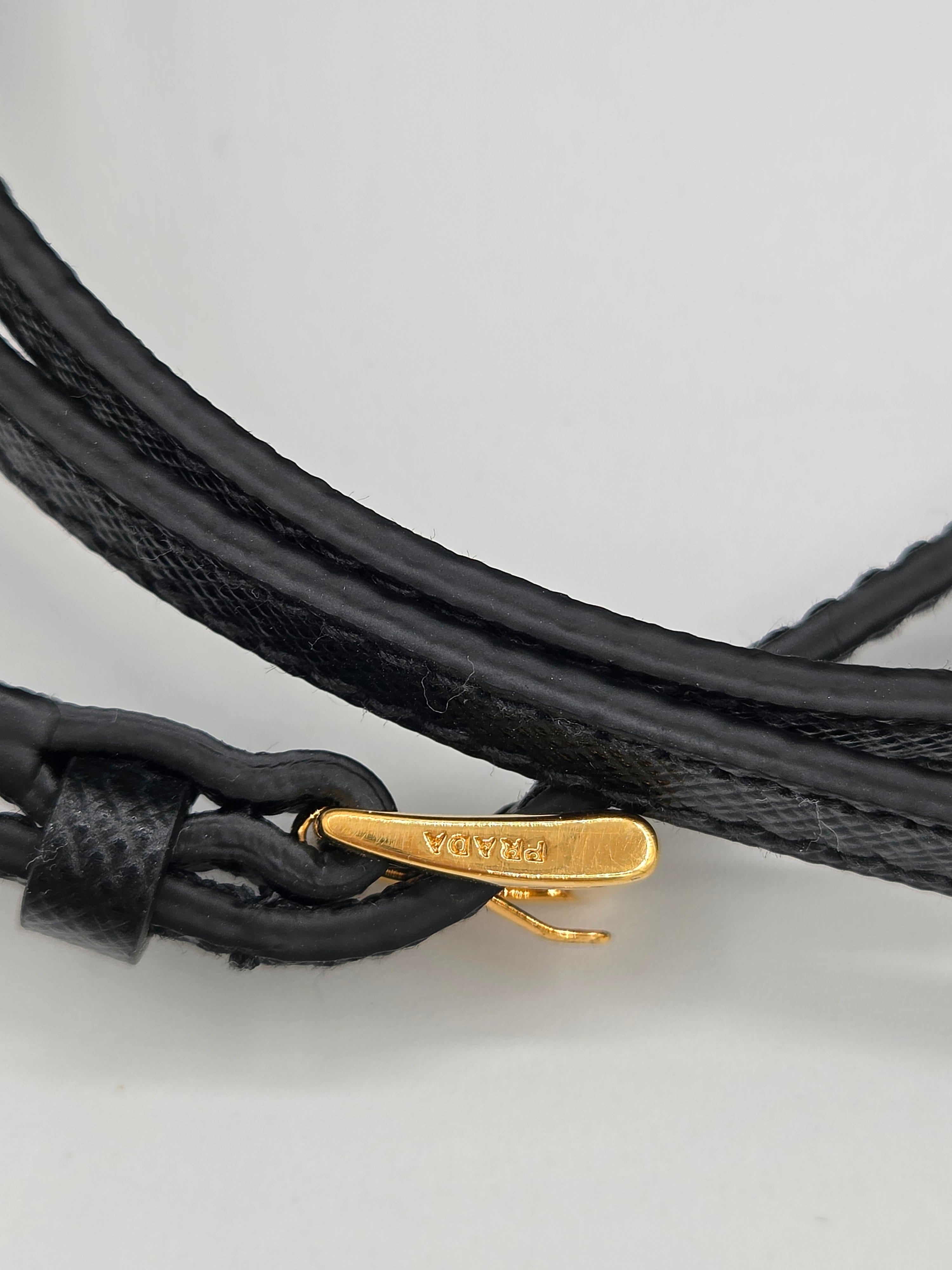 Close-up of black leather strap with gold metal clasp on a light gray background
