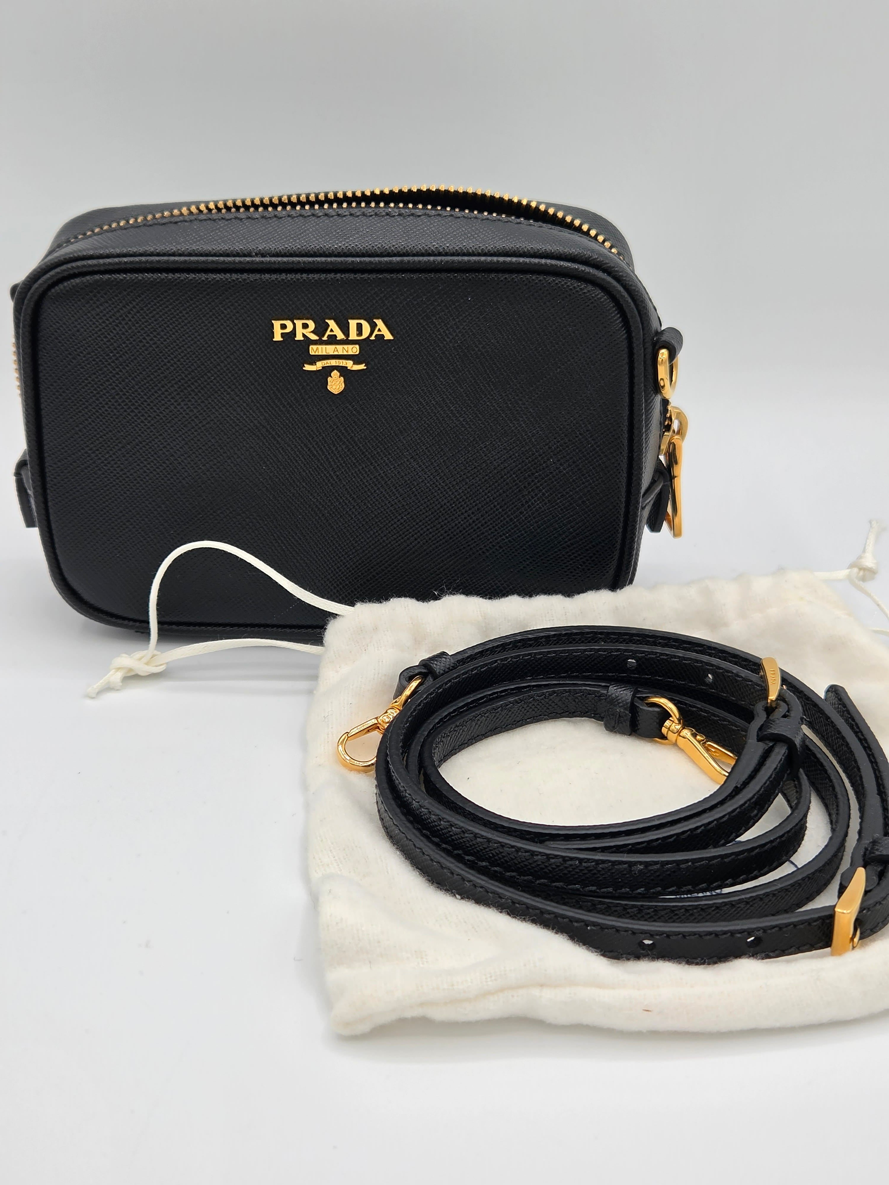 Prada Saffiano Lux Mini Camera Bag – Black Saffiano Leather | Gold