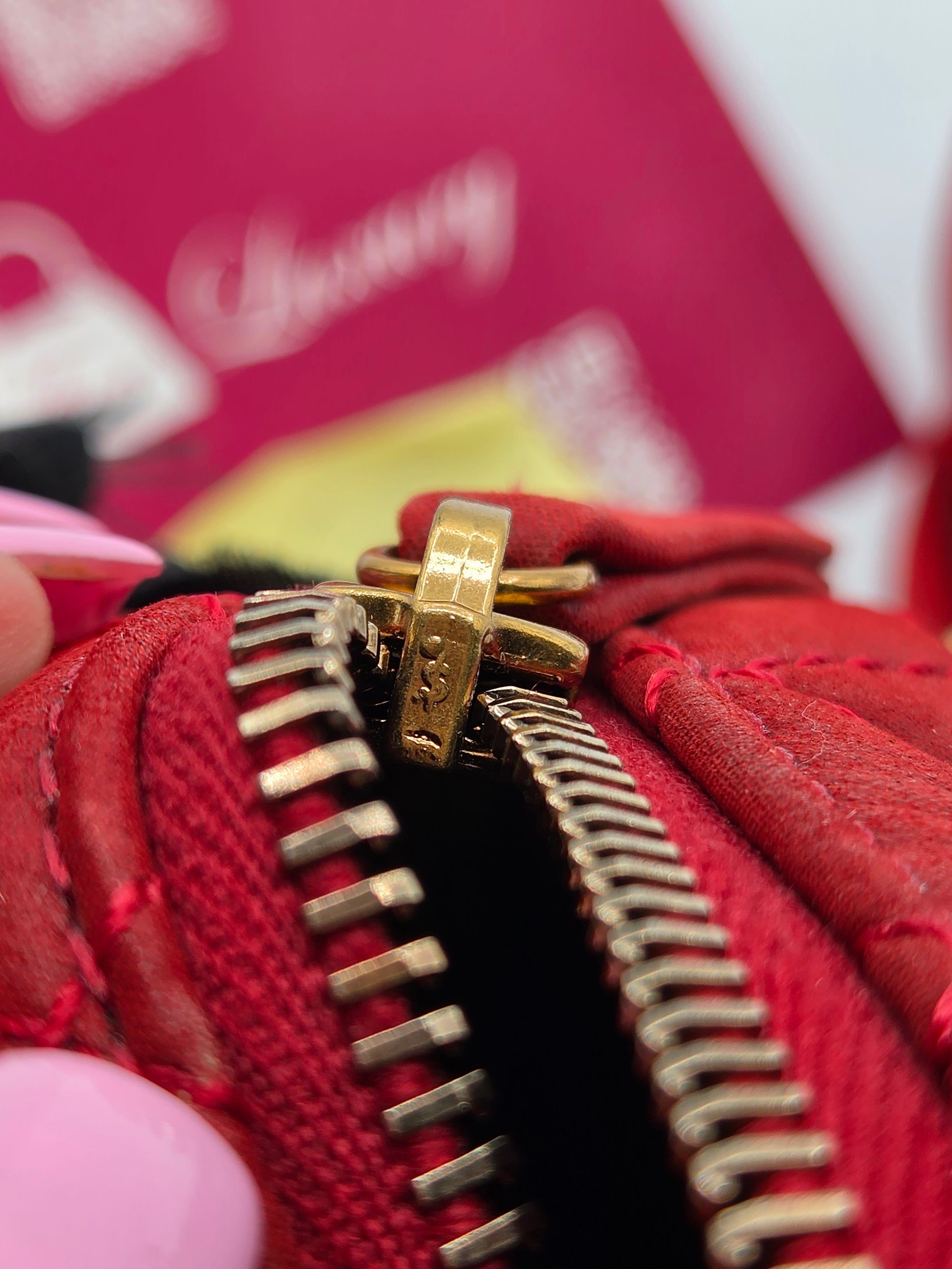 Close-up of a red sneaker with a gold zipper on a blurred background