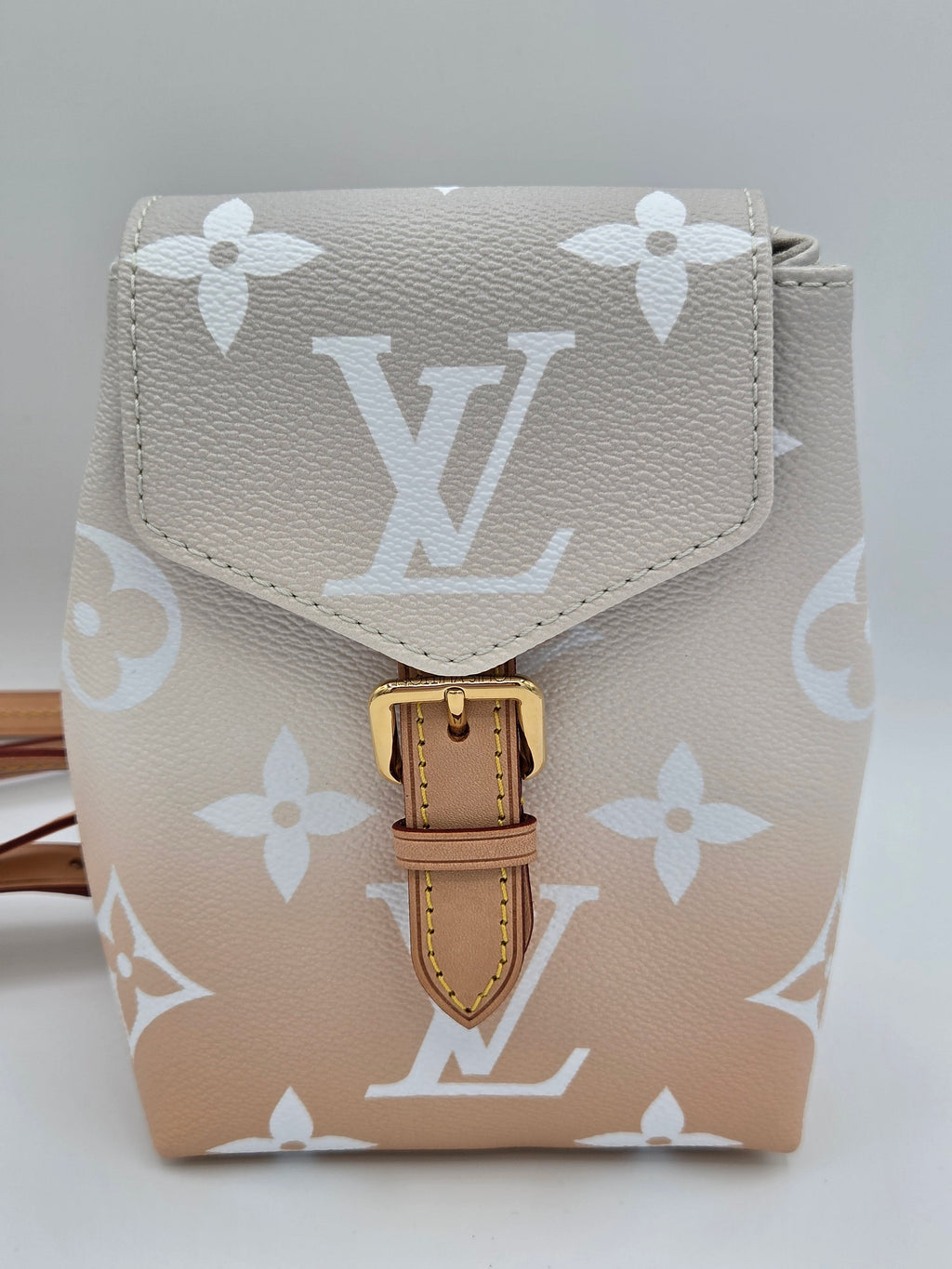 Louis Vuitton handbag with monogram pattern on a light gray background