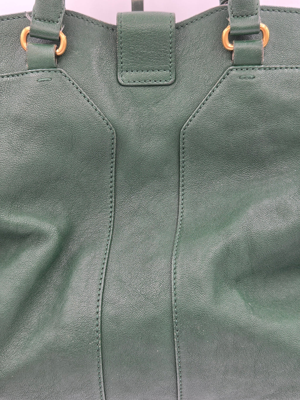 Close-up of a green leather bag with gold buckles on a light gray background