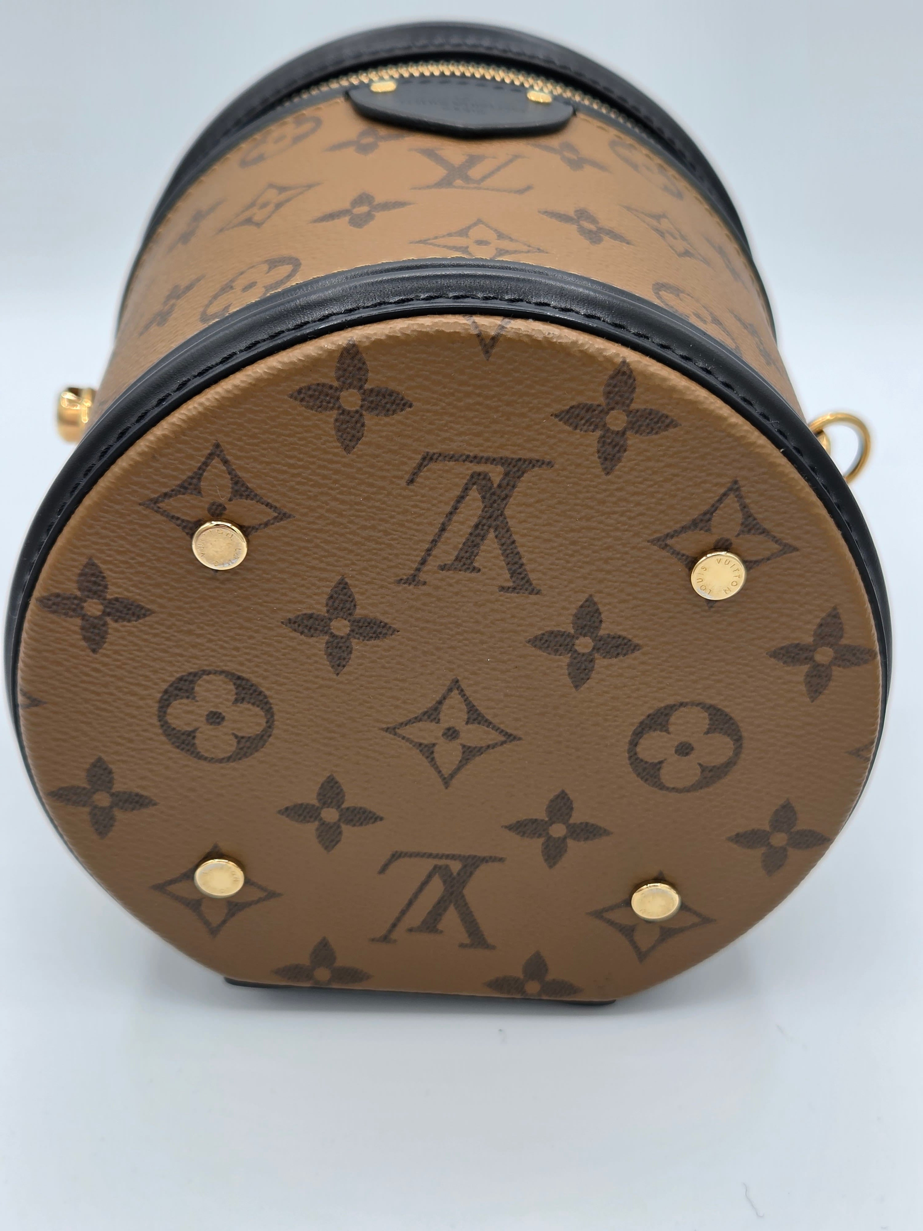 Louis Vuitton monogram patterned cylindrical bag on a light gray background