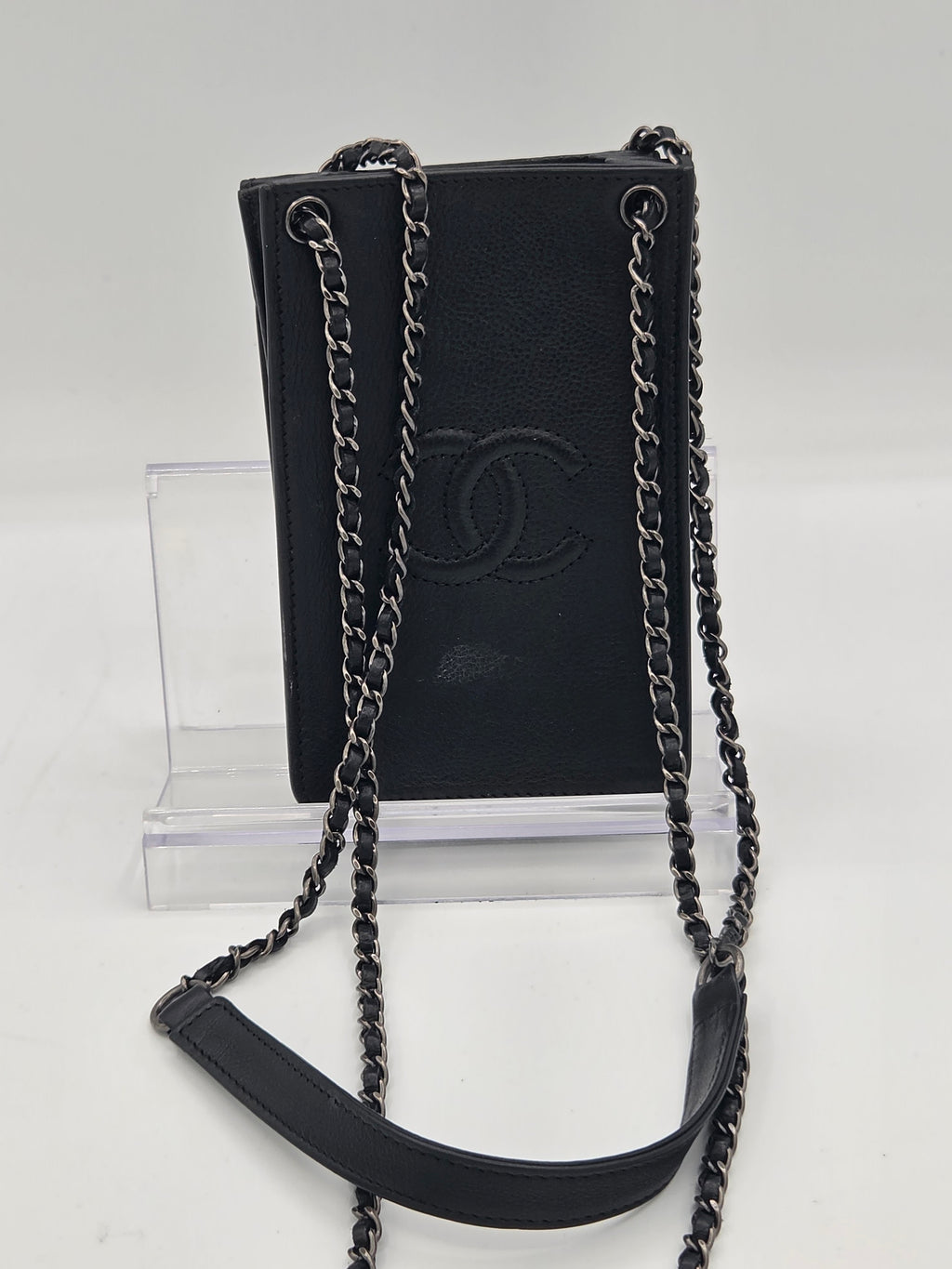 Chanel Calfskin Leather Phone Holder Crossbody | Black | Silver Hardware | Karl Lagerfeld Era | Authenticated | Pre-Owned