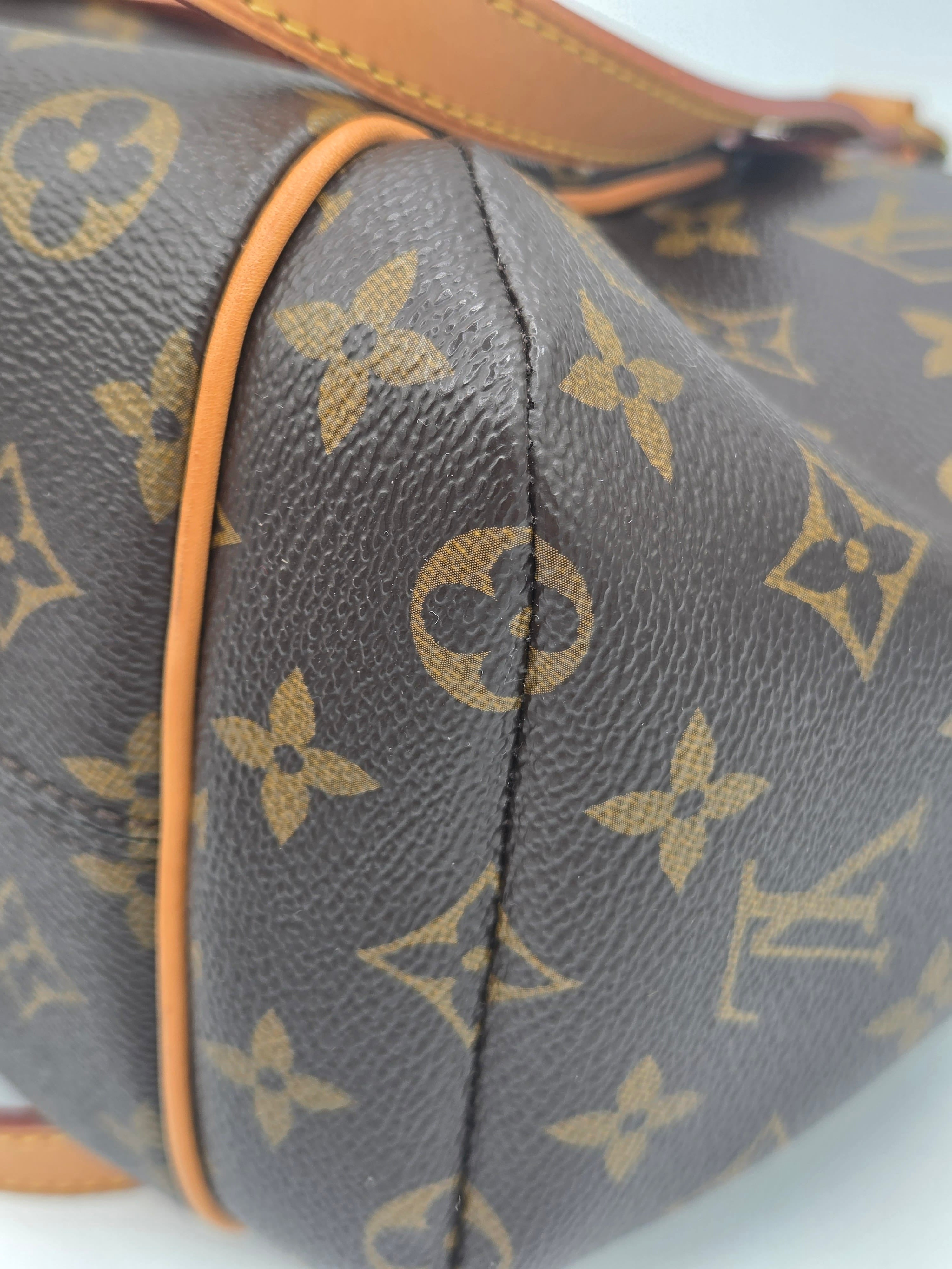 Close-up of a Louis Vuitton monogram canvas bag in dark brown with tan leather trim and a repeating LV monogram pattern.