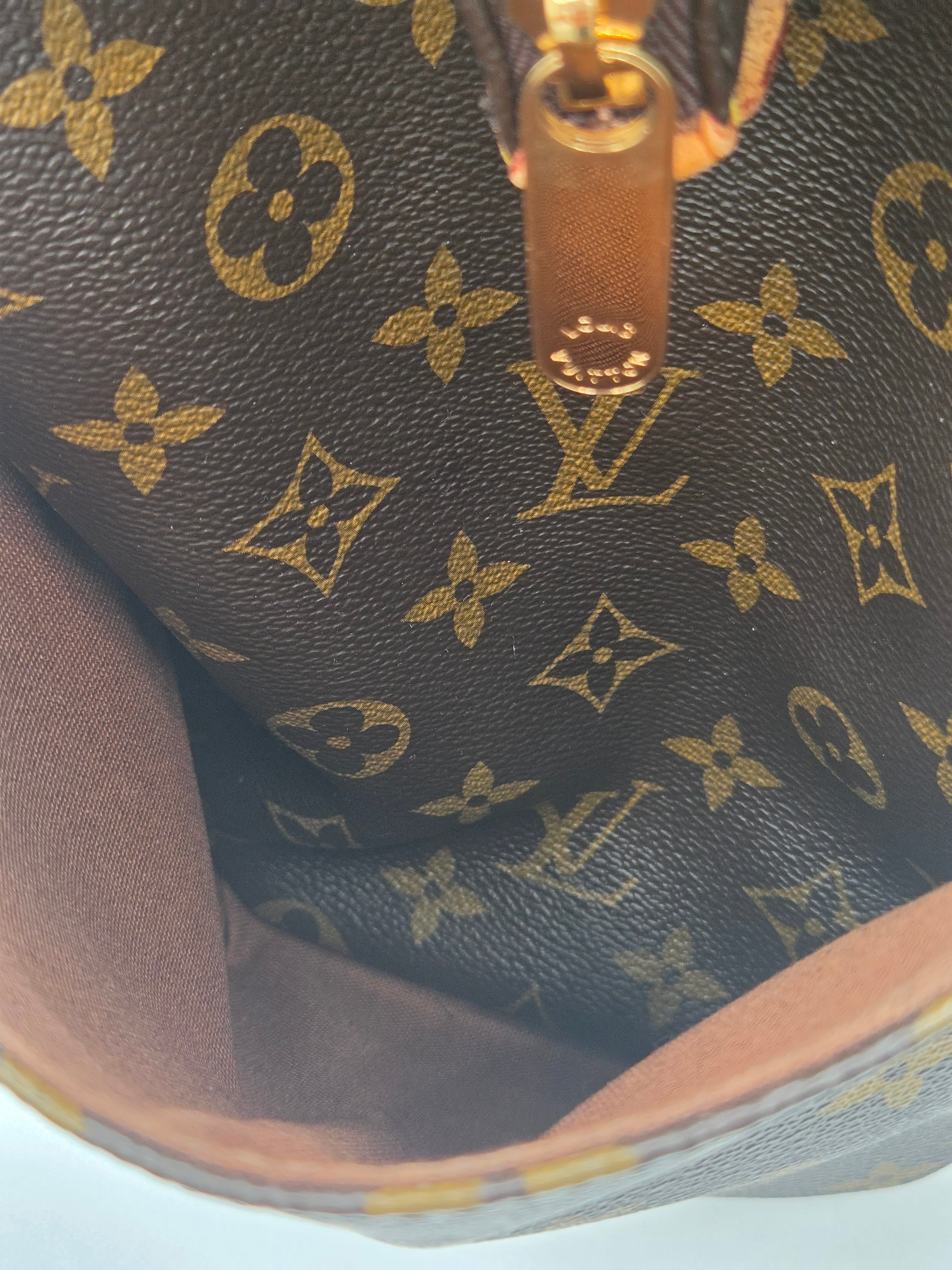Close-up of the interior of a Louis Vuitton handbag, showing the dark brown monogram canvas with gold-tone printed motifs and a small gold metal hardware piece.