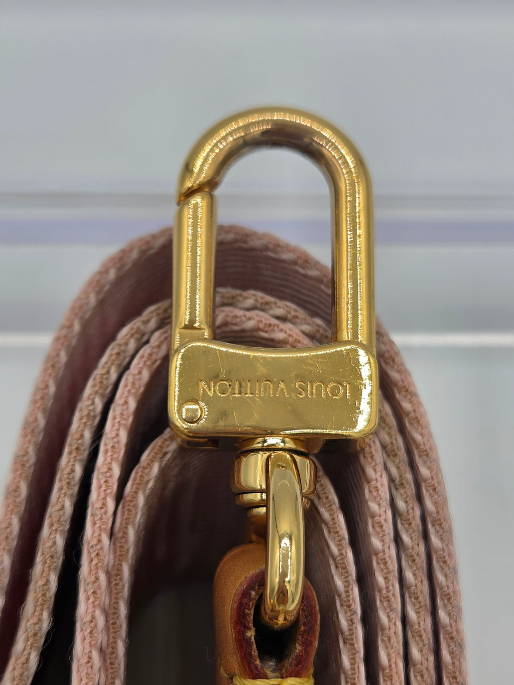 Close-up of a Louis Vuitton bag hardware clasp with gold-tone metal and a brown woven strap in the background.