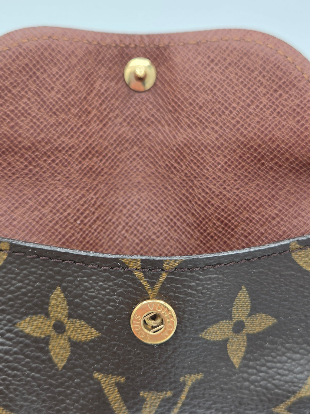 Close-up of a Louis Vuitton monogram bag showing the dark brown coated canvas with gold-tone floral motifs, a brown leather interior lining, and a gold snap button closure.