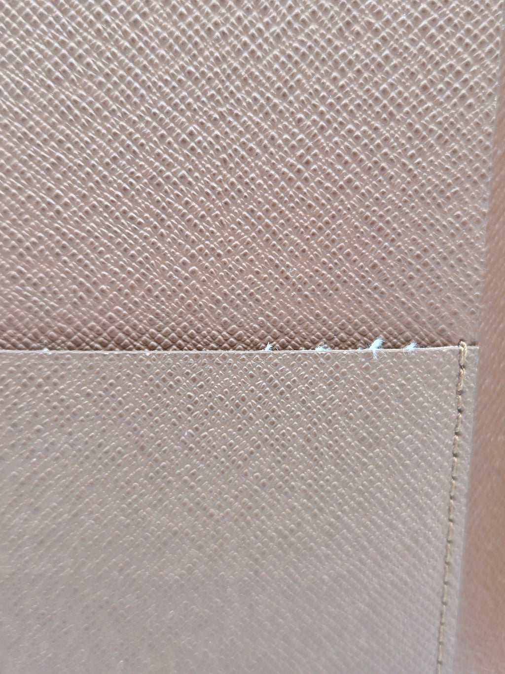 Close-up of a light beige woven fabric with a visible stitched seam and texture.