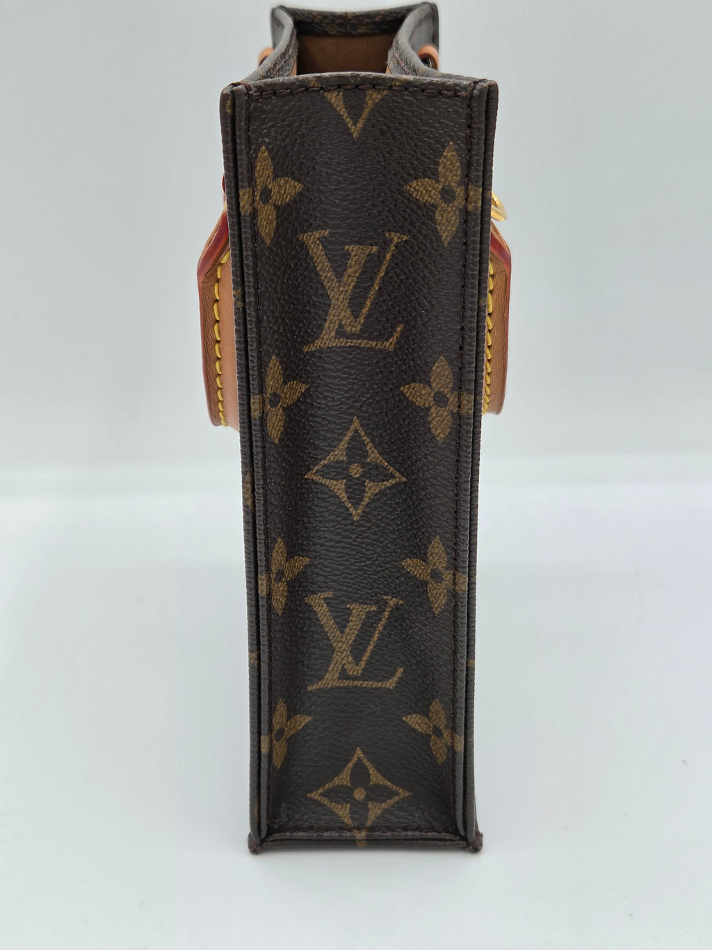 Louis Vuitton monogram canvas pouch or sleeve shown from the side on a plain white background.