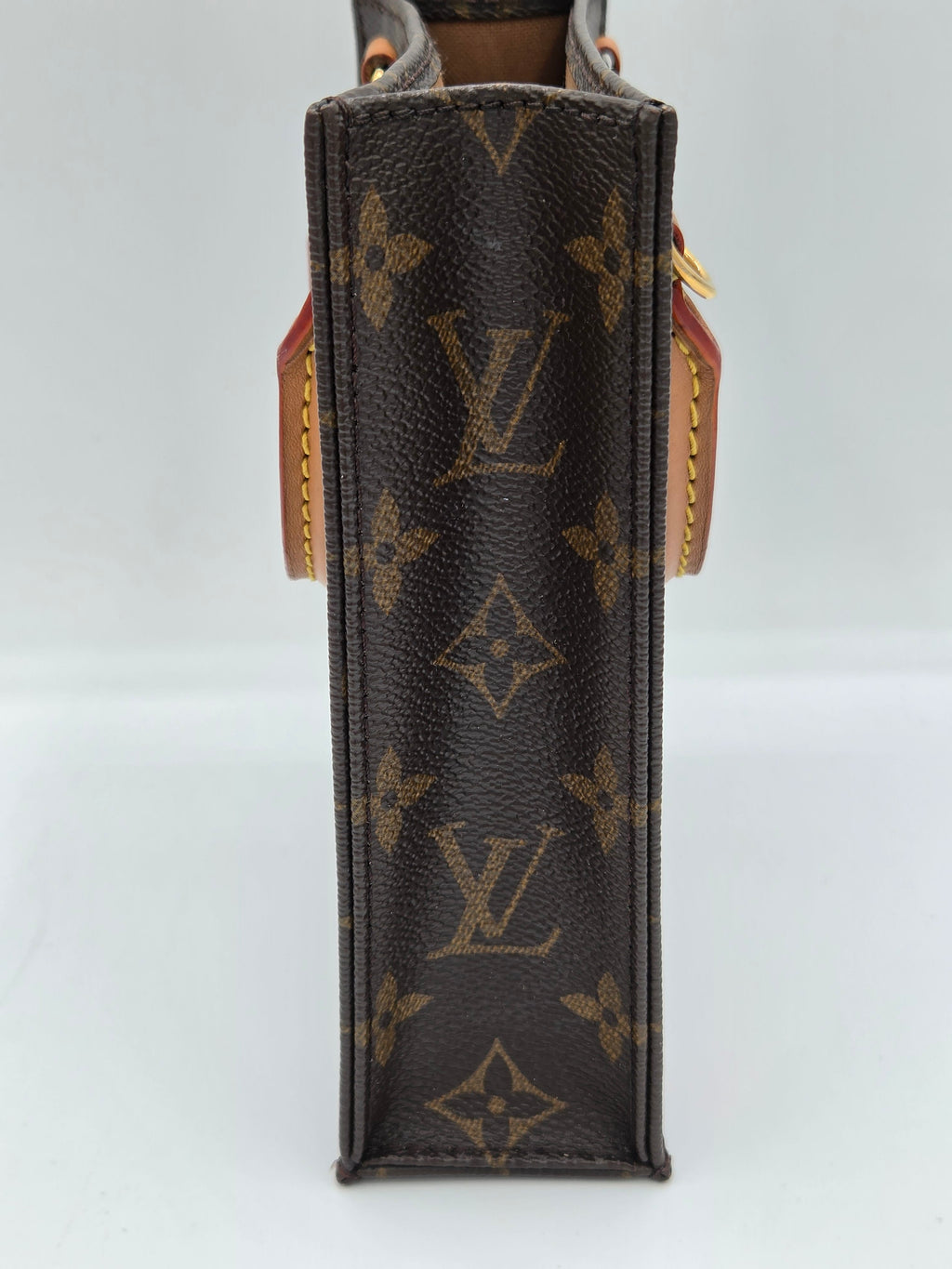 Louis Vuitton monogram canvas shoulder strap detail, showing the dark brown coated canvas with tan monogram motifs and a sliver of light brown leather.