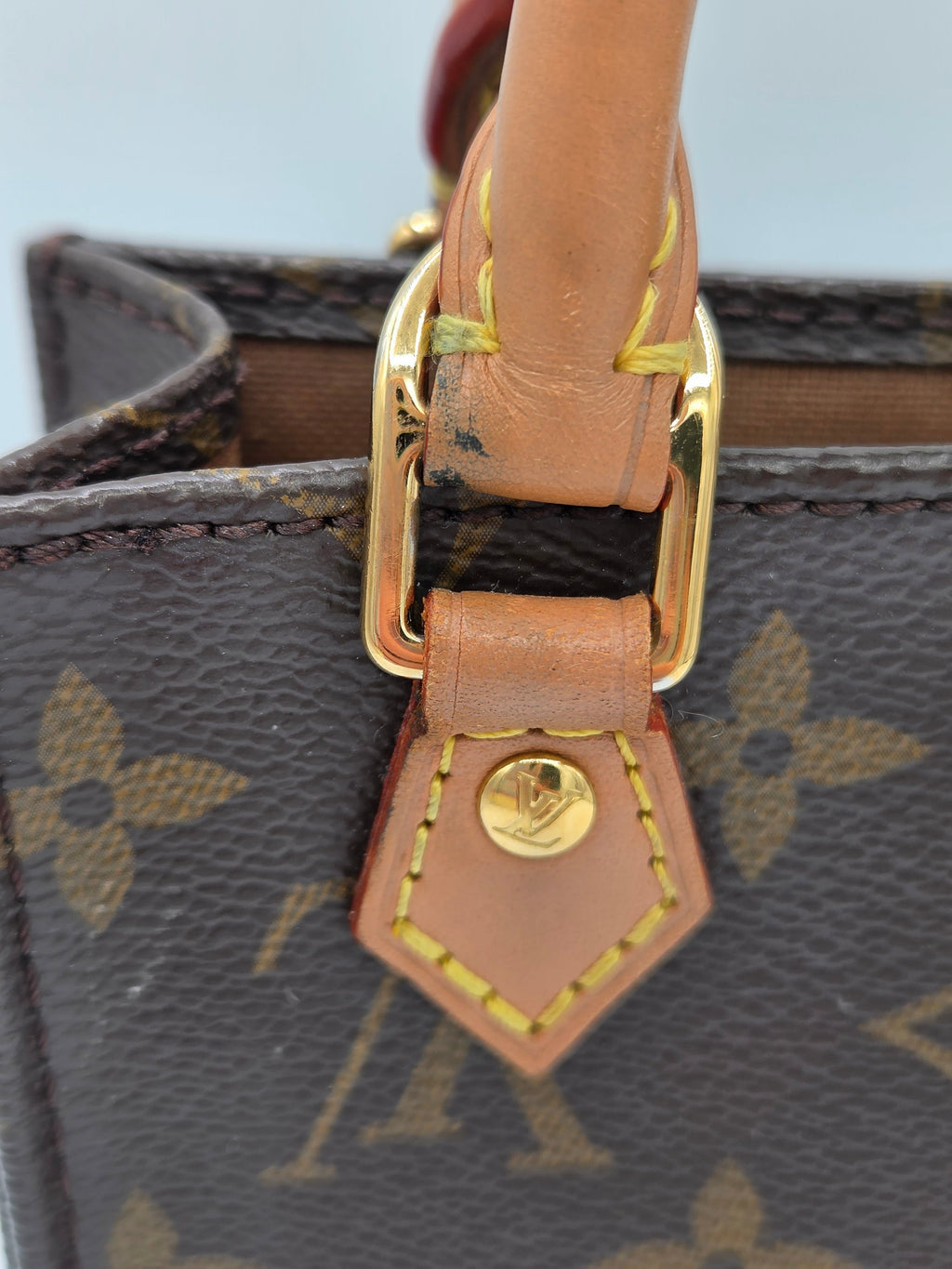 Close-up of a Louis Vuitton handbag featuring the classic brown monogram canvas, tan leather trim, and gold-tone hardware.