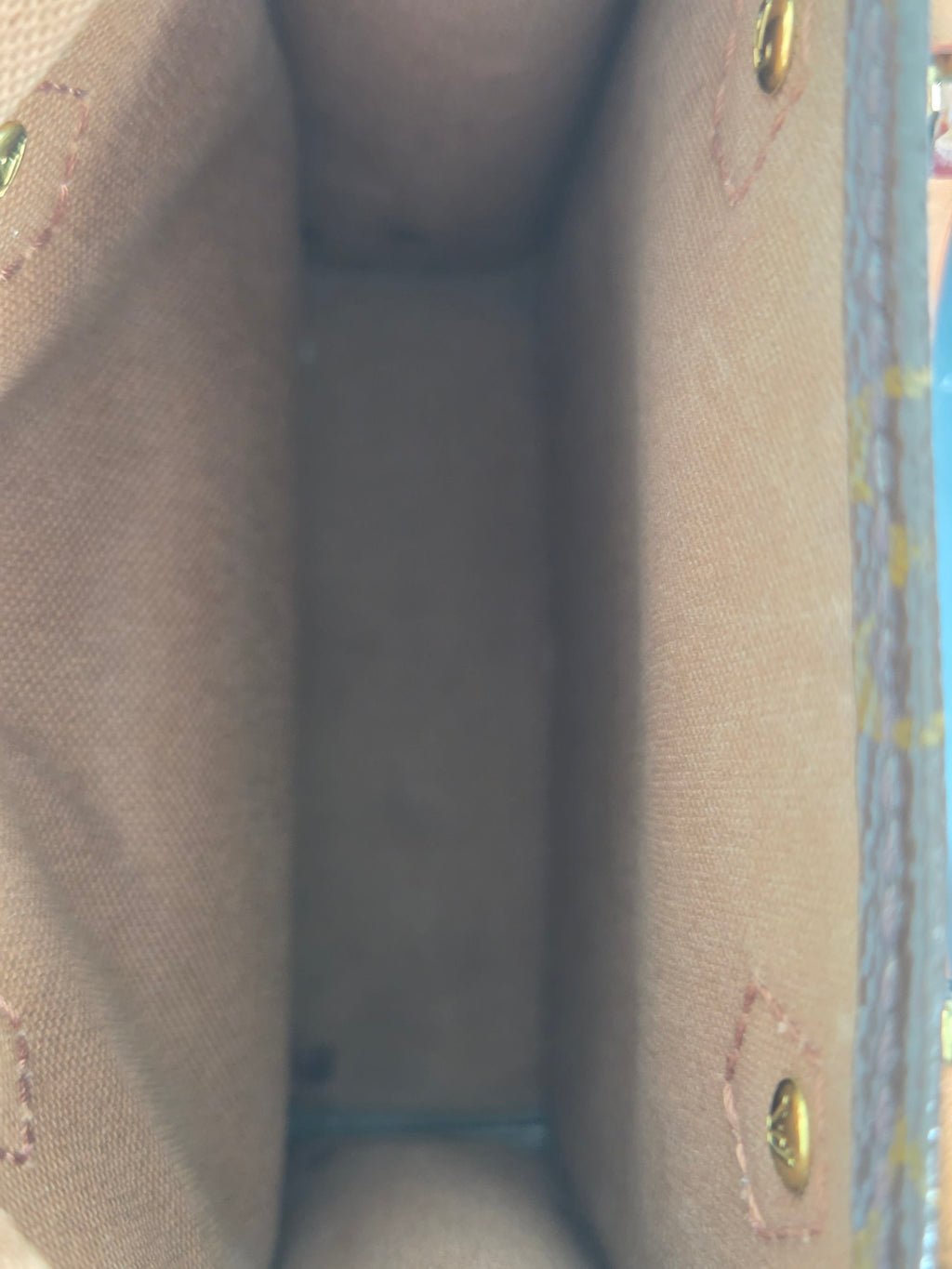 Close-up view of the interior lining of a beige canvas or fabric bag, showing the texture of the material and small brass grommets near the top corners.