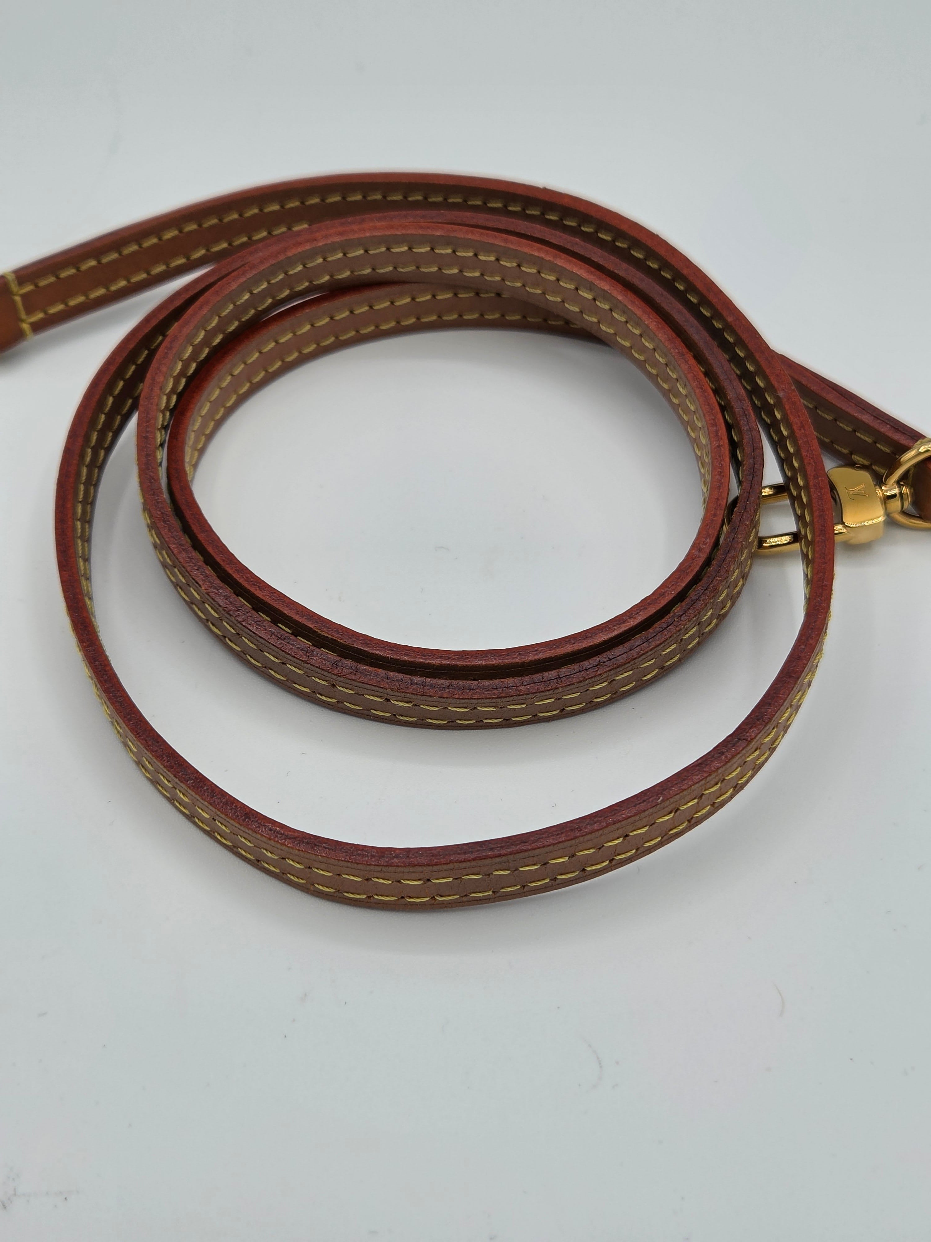A coiled brown leather strap with light tan stitching and gold-tone metal hardware, photographed on a plain light background.