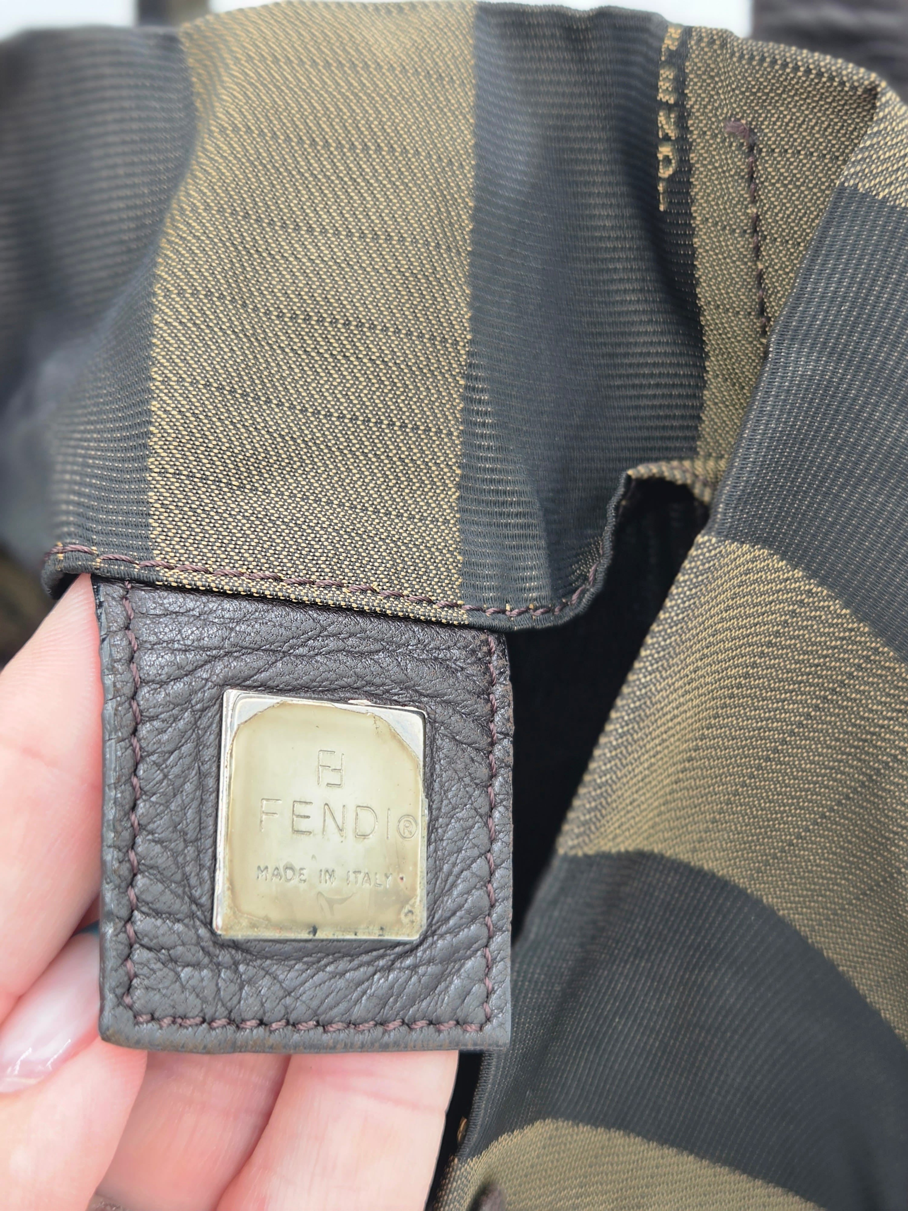 Close-up of a Fendi handbag showing a striped olive green and black canvas fabric, a dark brown leather patch with a brass Fendi logo, and a hand holding it.