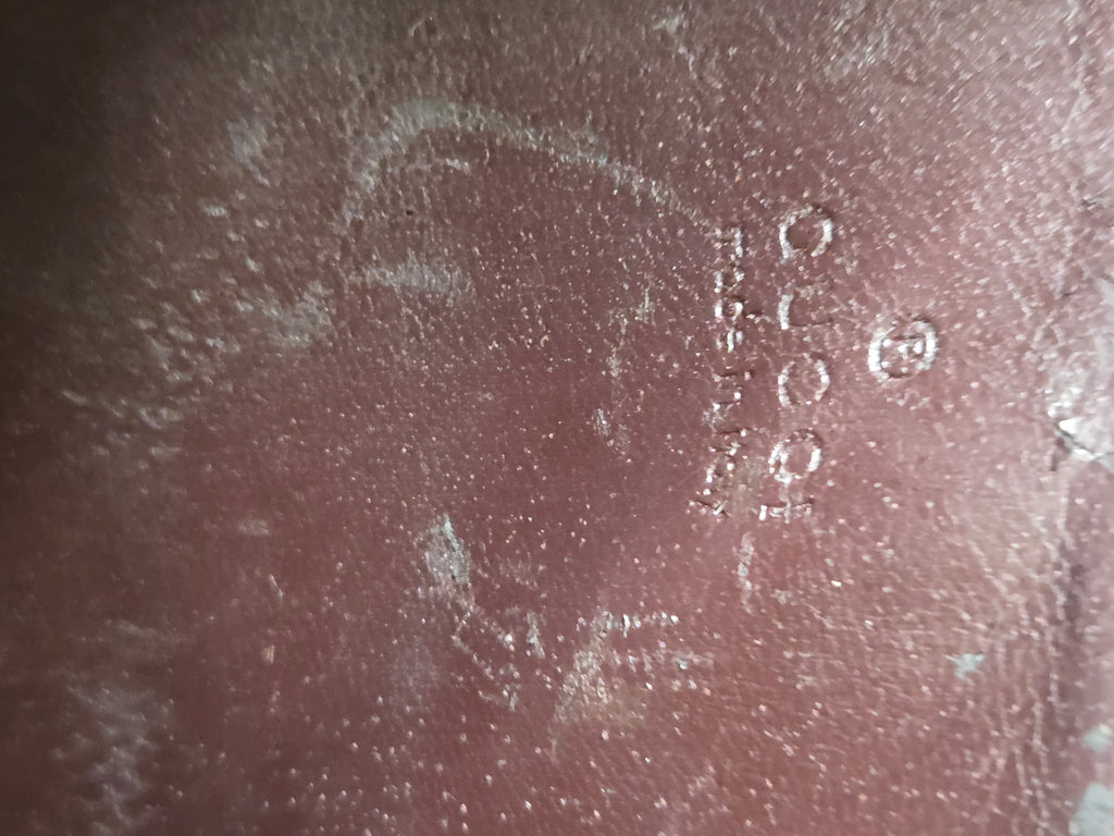 Close-up of a textured brown surface with embossed white characters and markings.