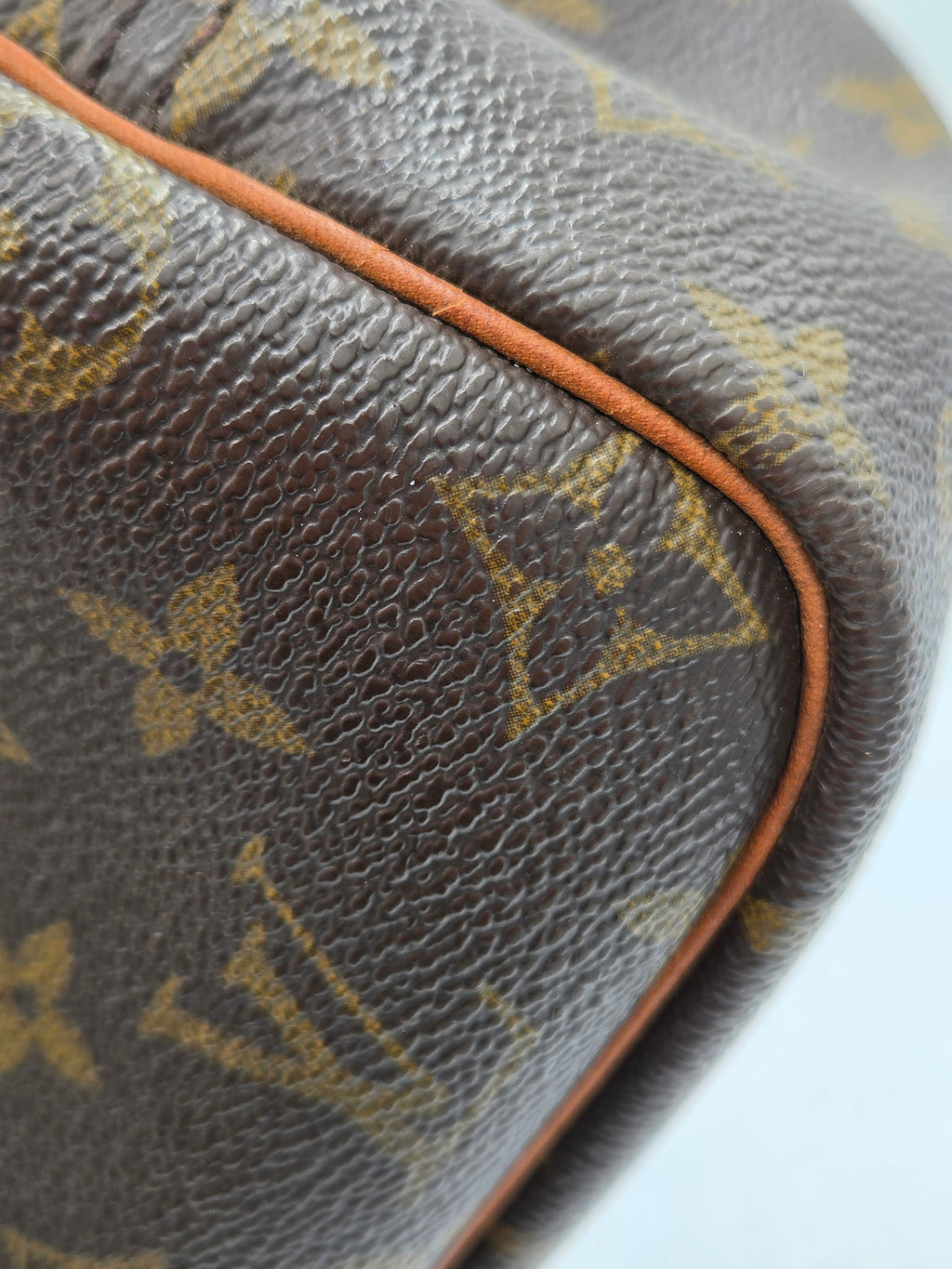 Close-up of a Louis Vuitton monogram canvas bag corner showing the classic brown and gold LV pattern with tan leather piping.
