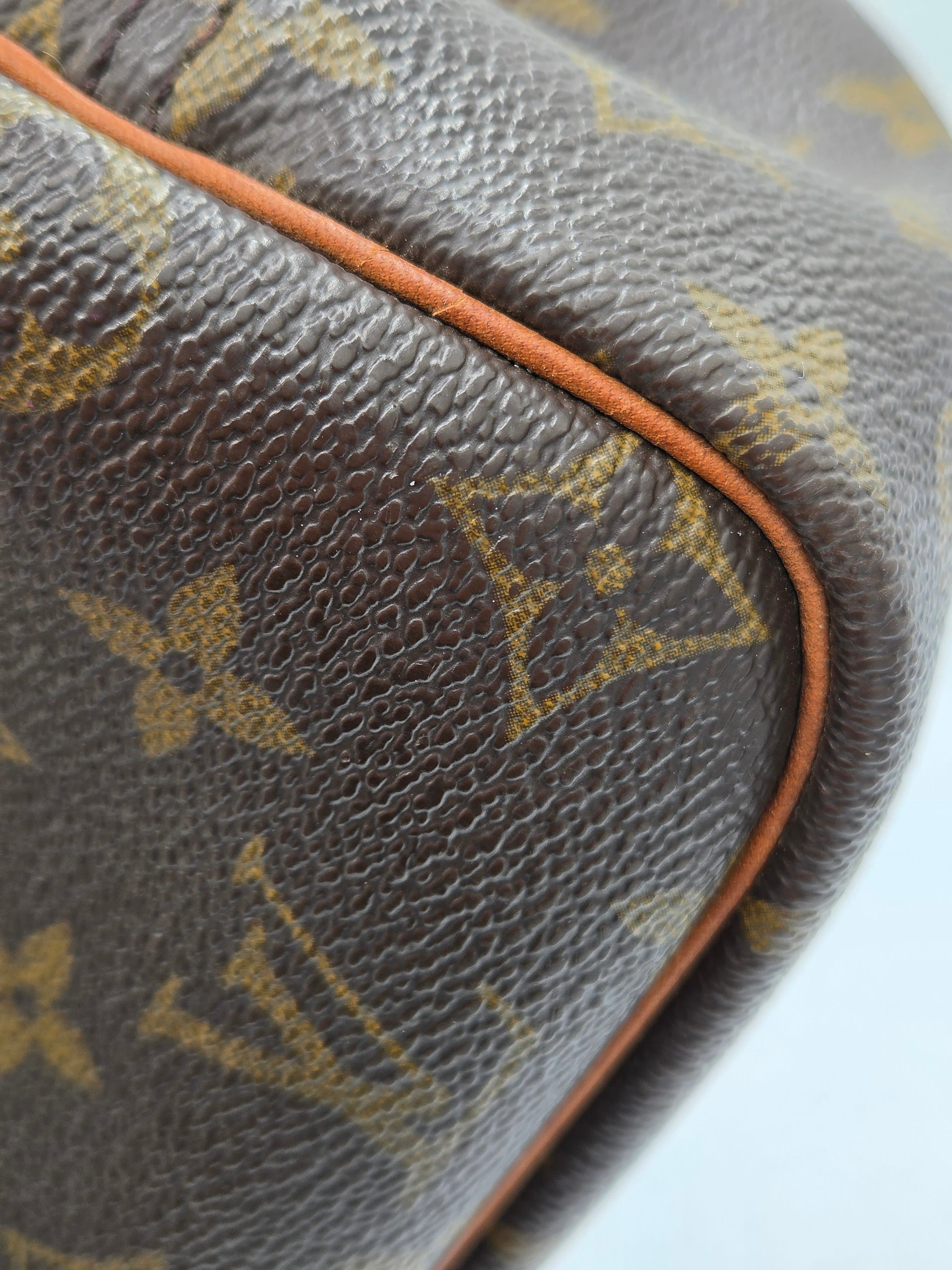 Close-up of a Louis Vuitton monogram canvas bag corner showing the classic brown and gold LV pattern with tan leather piping.